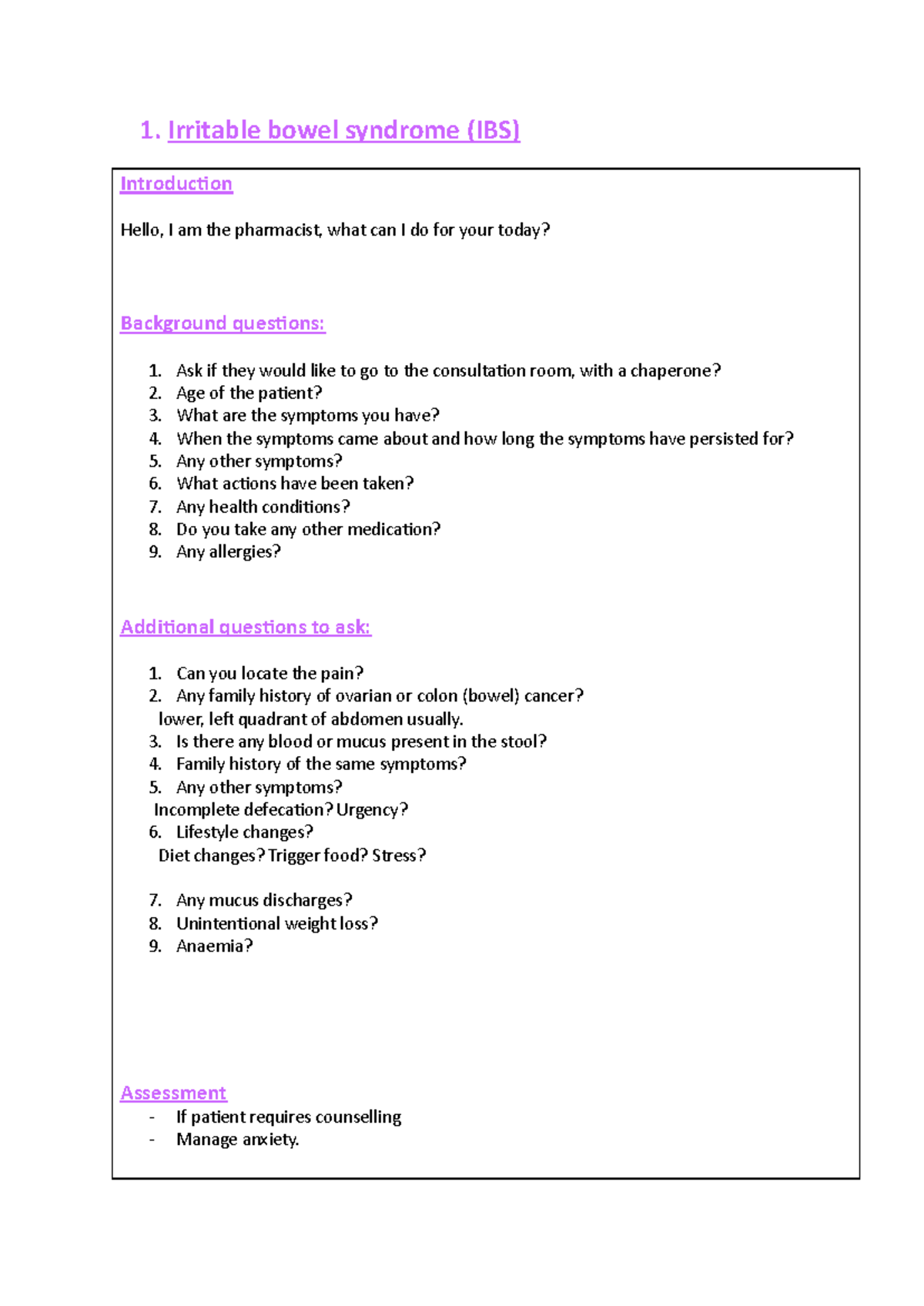IBS - OSCE - 1. Irritable bowel syndrome (IBS) IntroducƟon Hello, I am ...