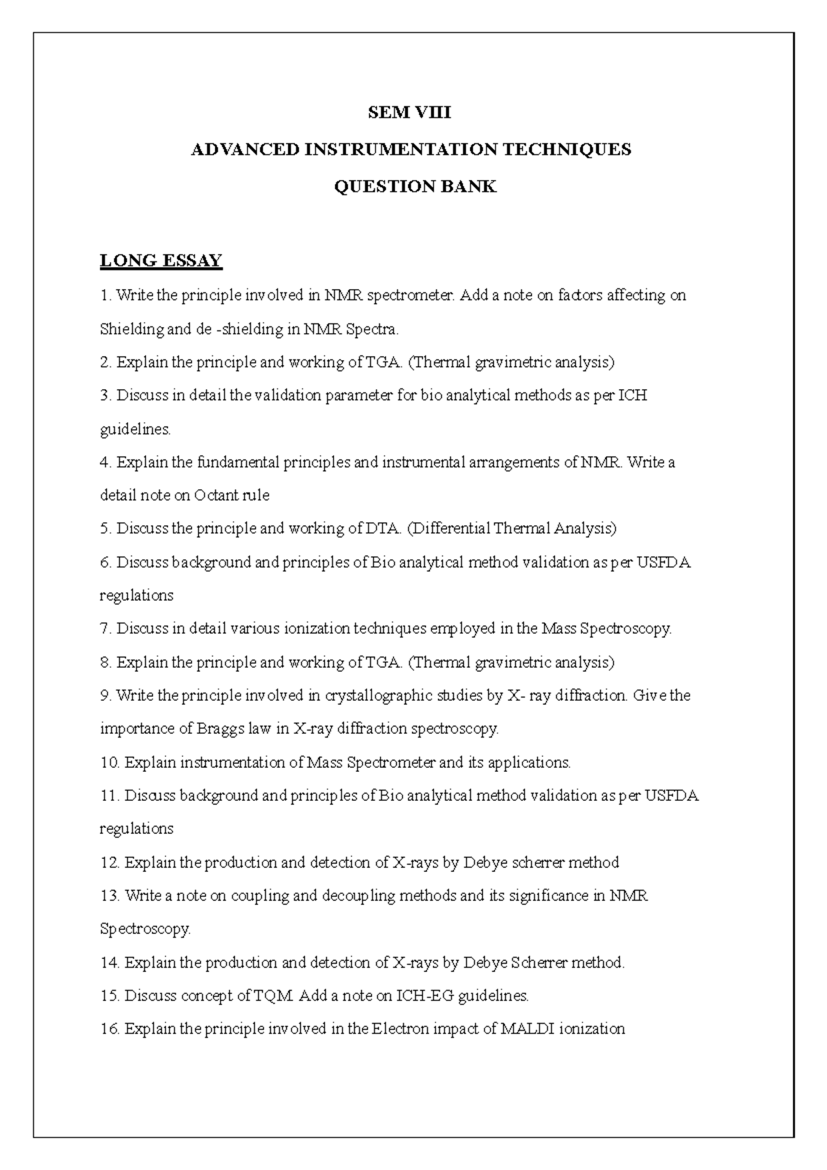 SEM ADVANCED INSTRUMENTATION TECHNIQUES QUESTION BANK - Studocu