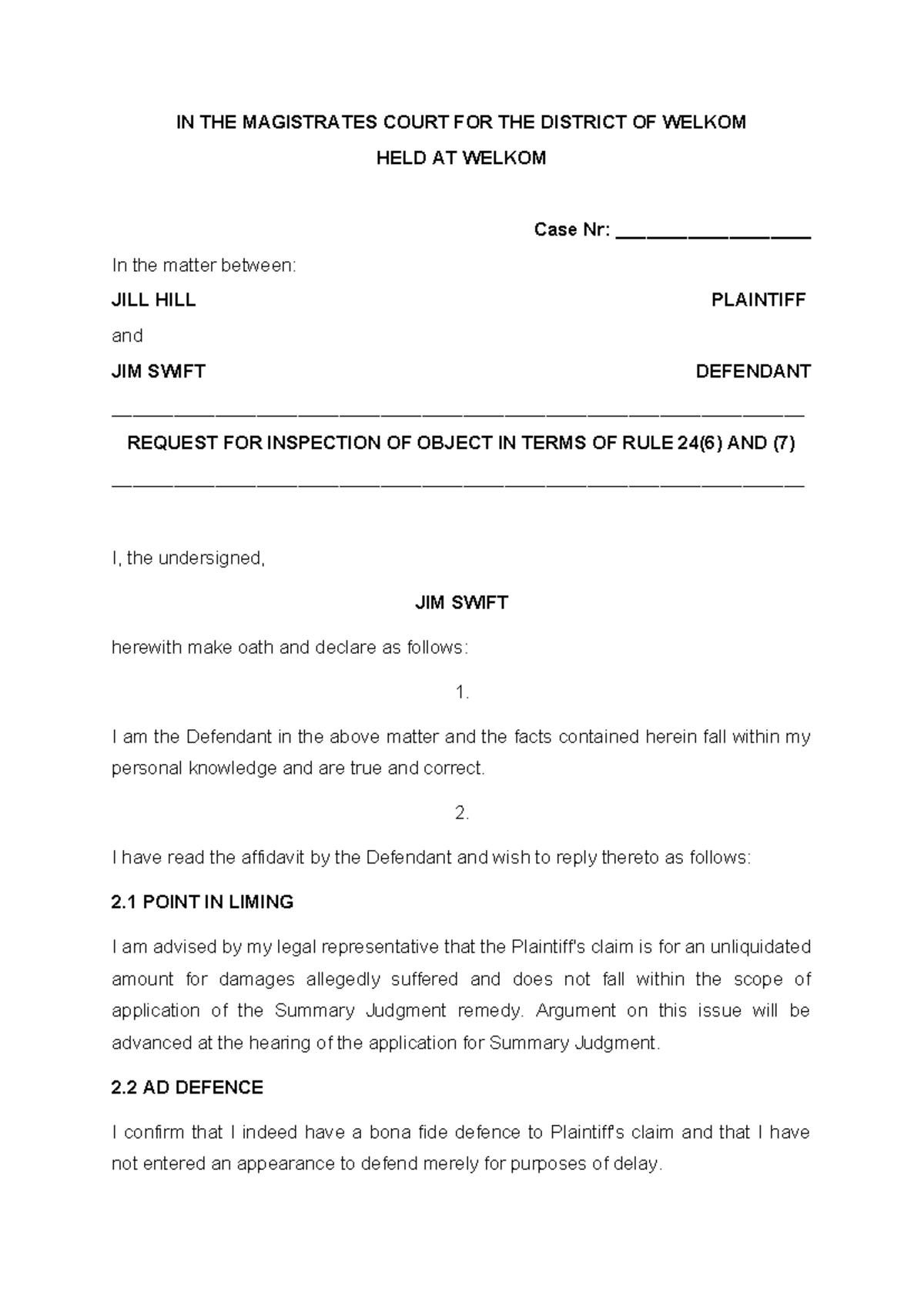 Opposing Affidavit Template - Case No: JILL HILL vs JIM SWIFT - Studocu