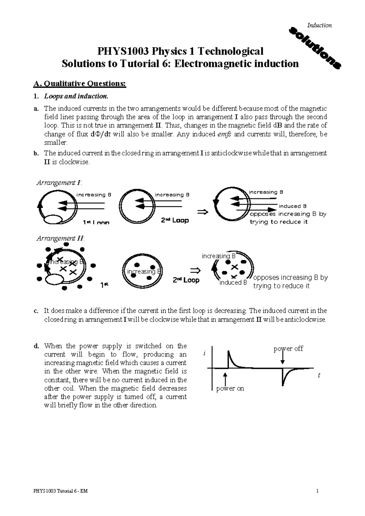 phys1003 tutorial ans week 7 - Induction PHYS 1003 Tutorial 6 - EM 1 ...