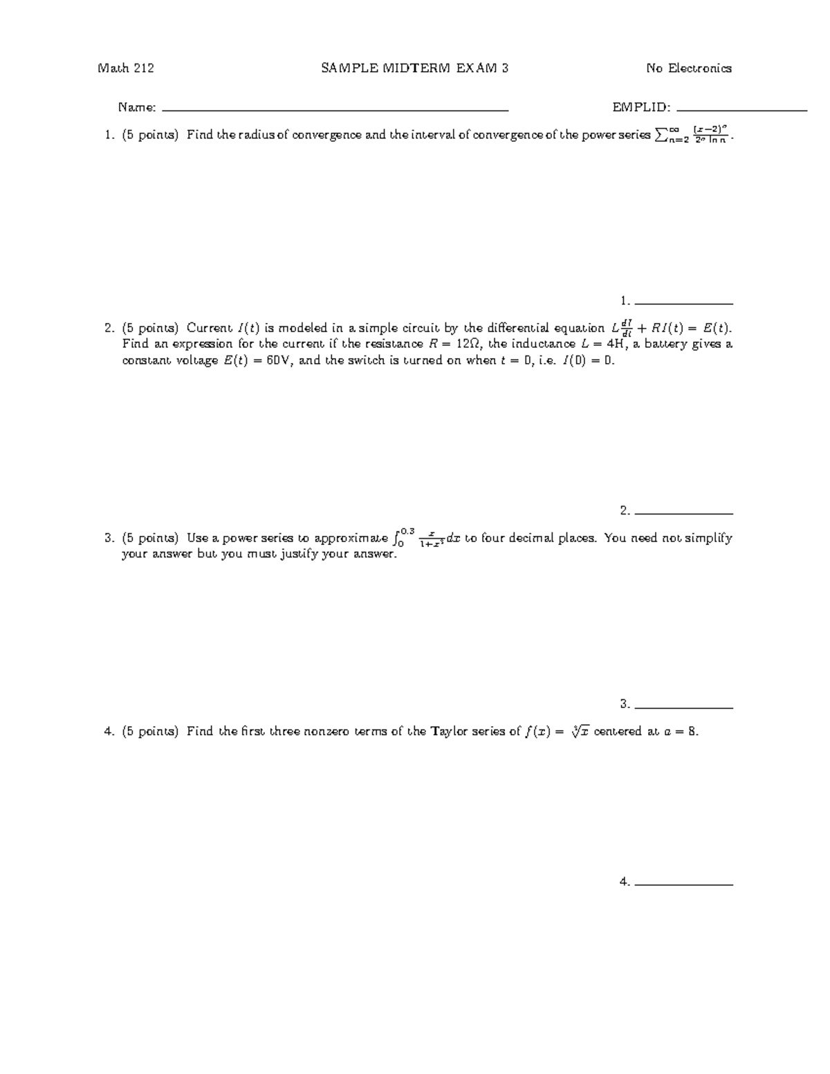 Math 212 SAMPLE MIDTERM EXAM 3 - Power Series & Convergence - Studocu