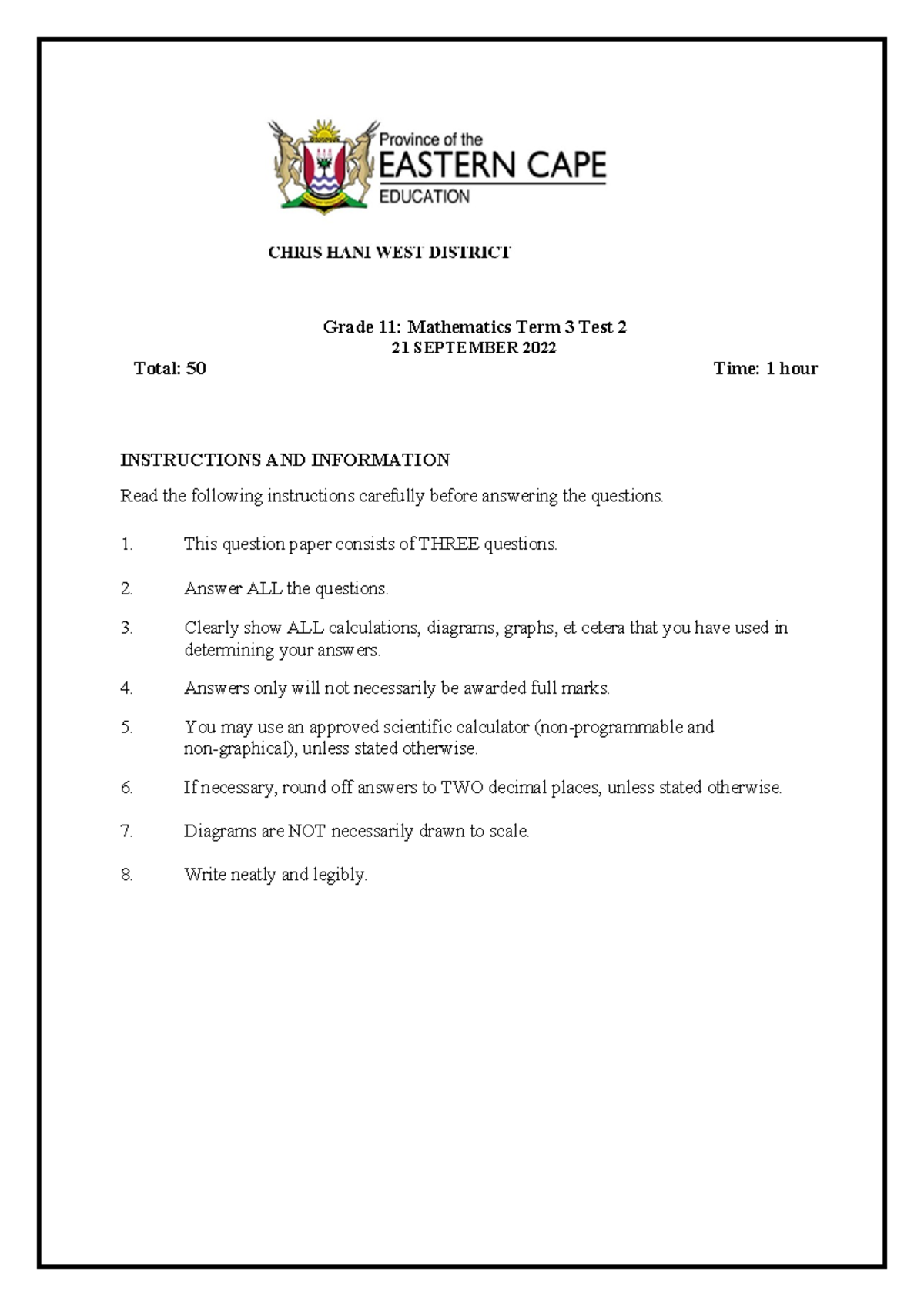Grade 11 Mathematics Term 3 Test 2 - September 2022 - Studocu
