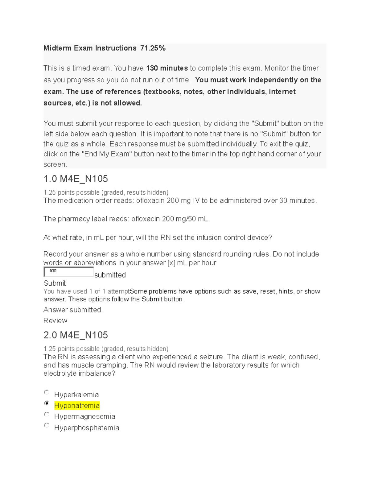 Nurs 105 Midterm Exam Review & Instructions (Score: 71%) - Studocu
