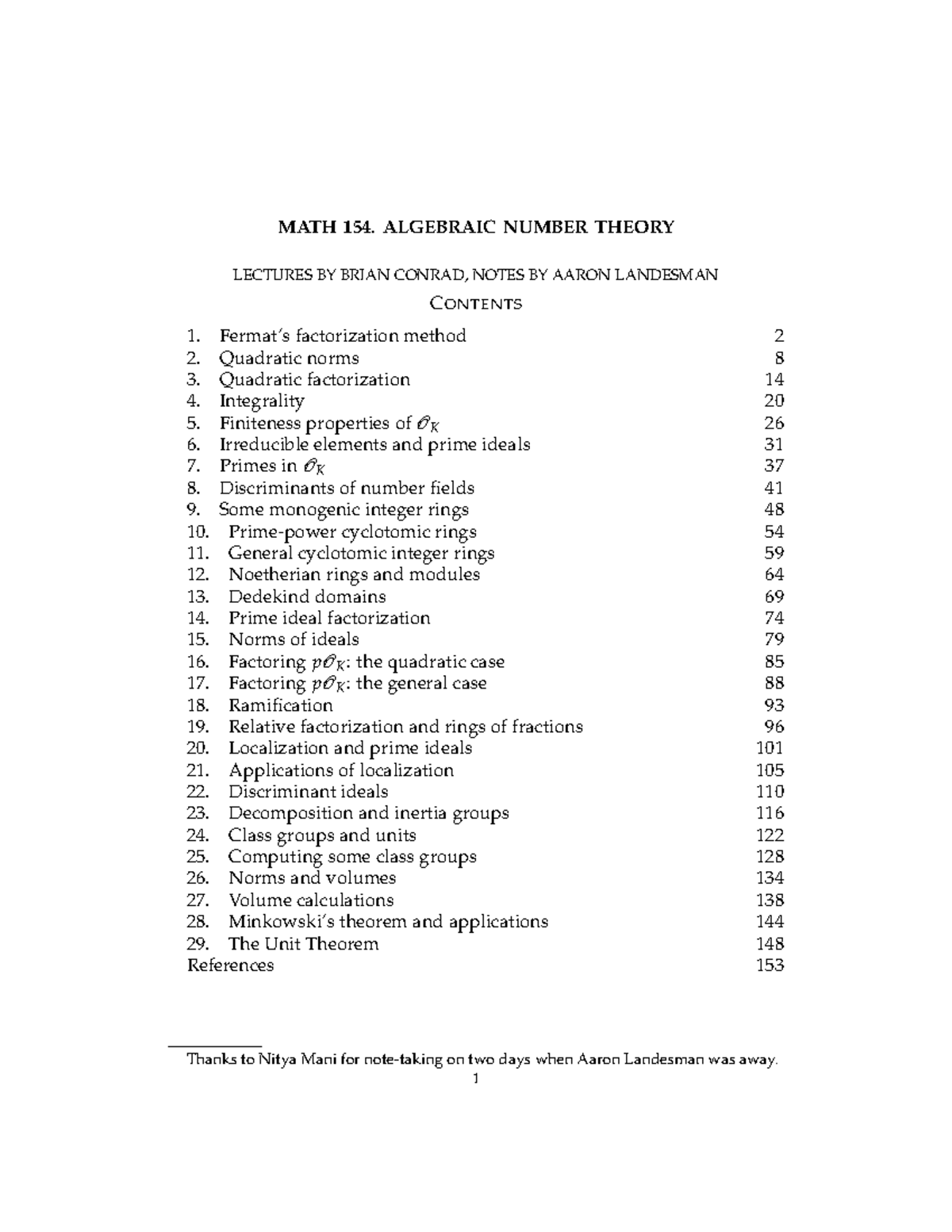 MATH 154. ALGEBRAIC NUMBER THEORY LECTURE NOTES BY BRIAN CONRAD & AARON ...