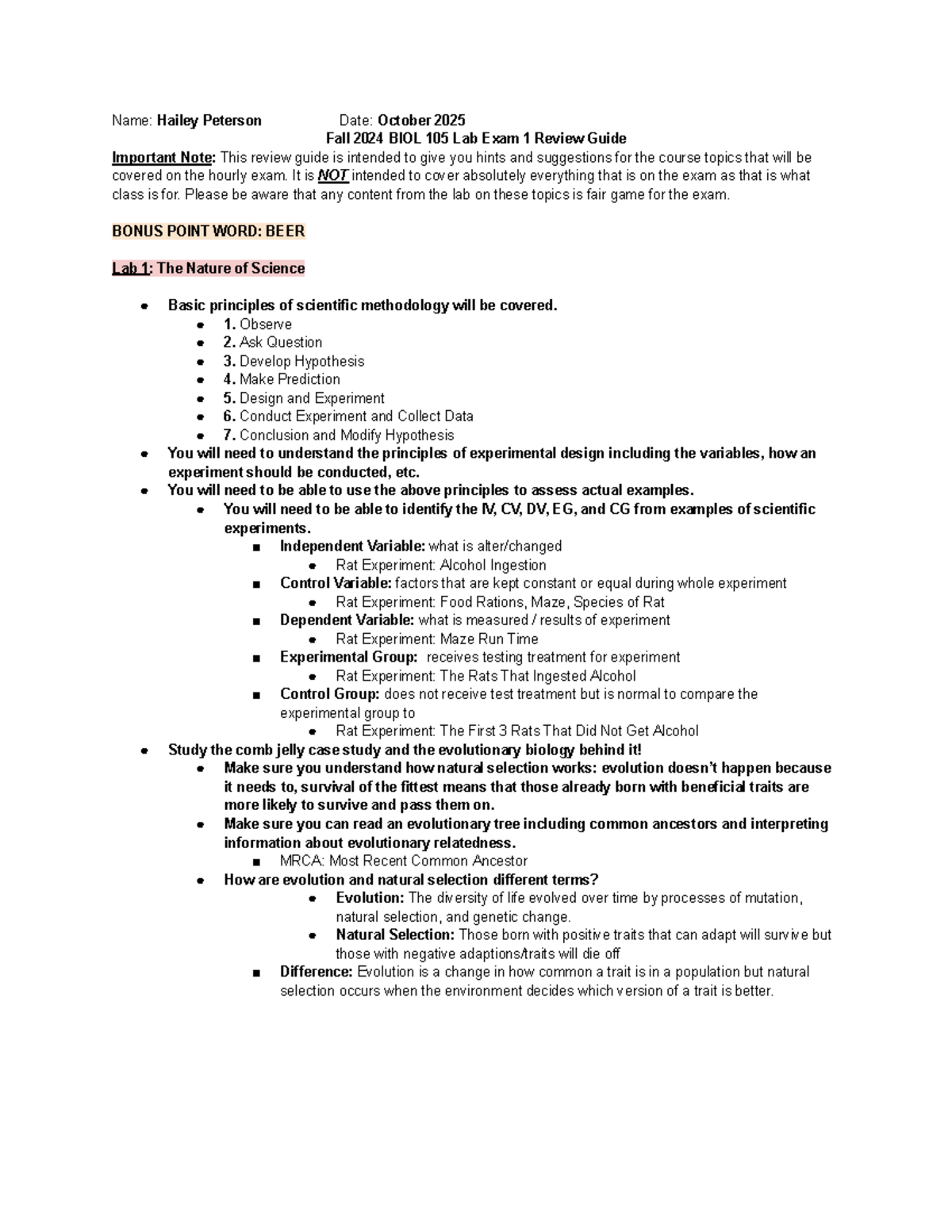 Fall 2024 BIOL 105 Lab Midterm Exam Review Guide - Studocu