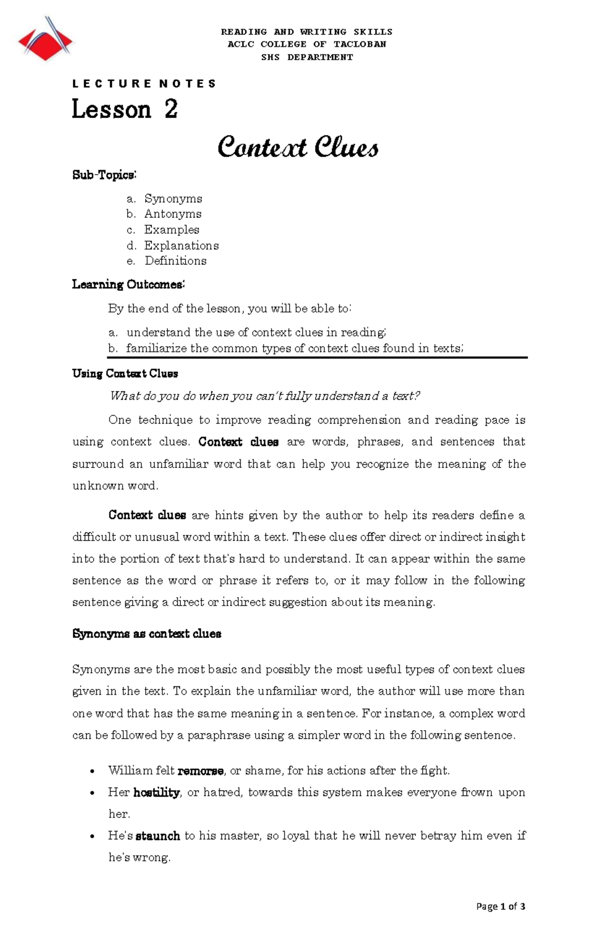 Lesson 2 Context Clues 2 - READING AND WRITING SKILLS ACLC COLLEGE OF ...