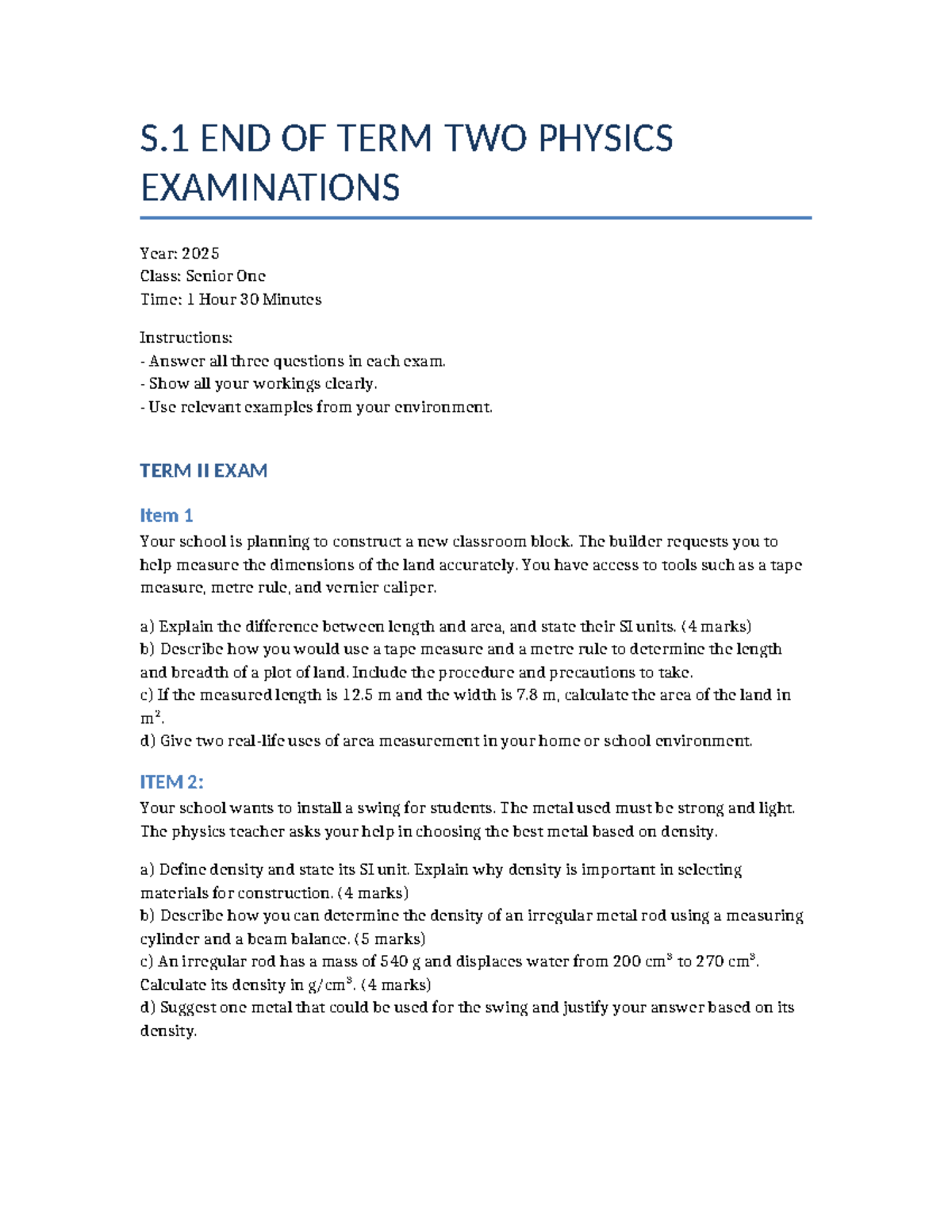S.1 TERM II PHYSICS EXAM 2025: Measurement & Density Concepts - Studocu