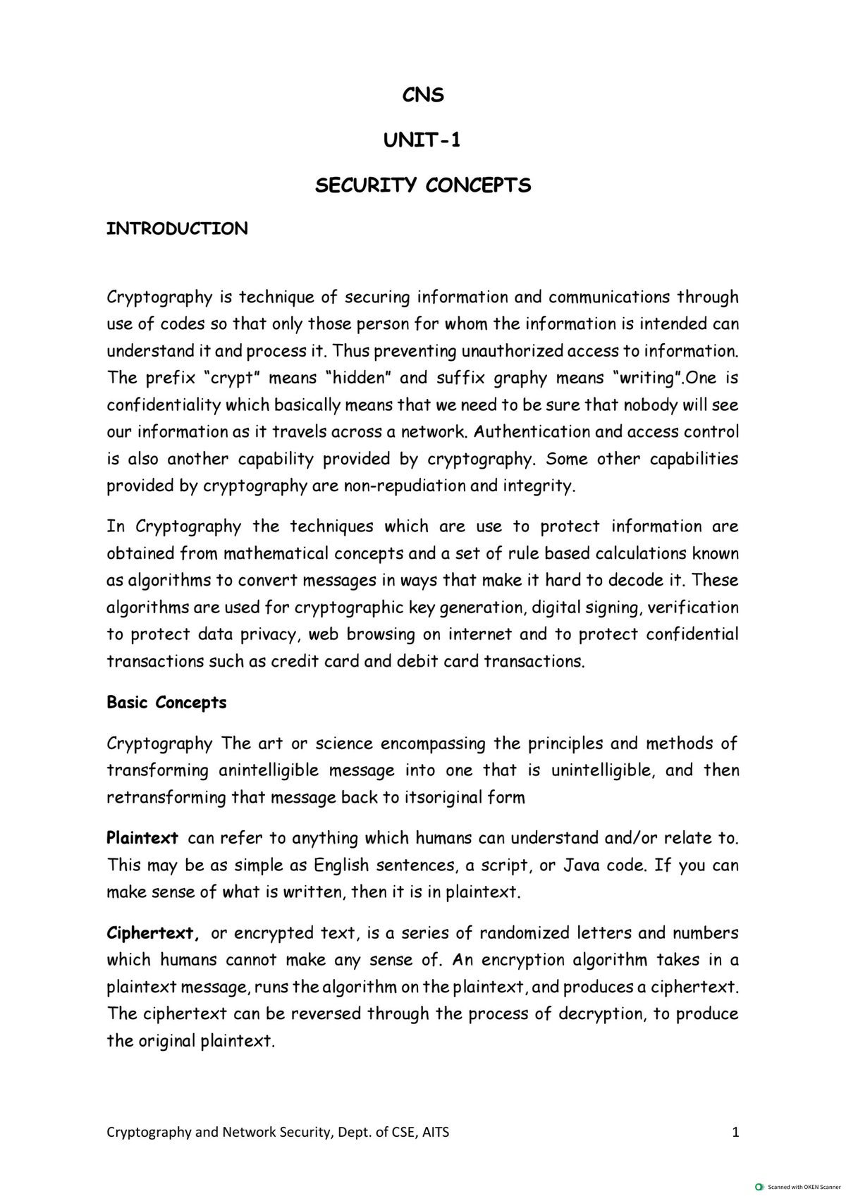 Cns 5 units - cryptography and network security - CNS SECURITY CONCEPTS ...