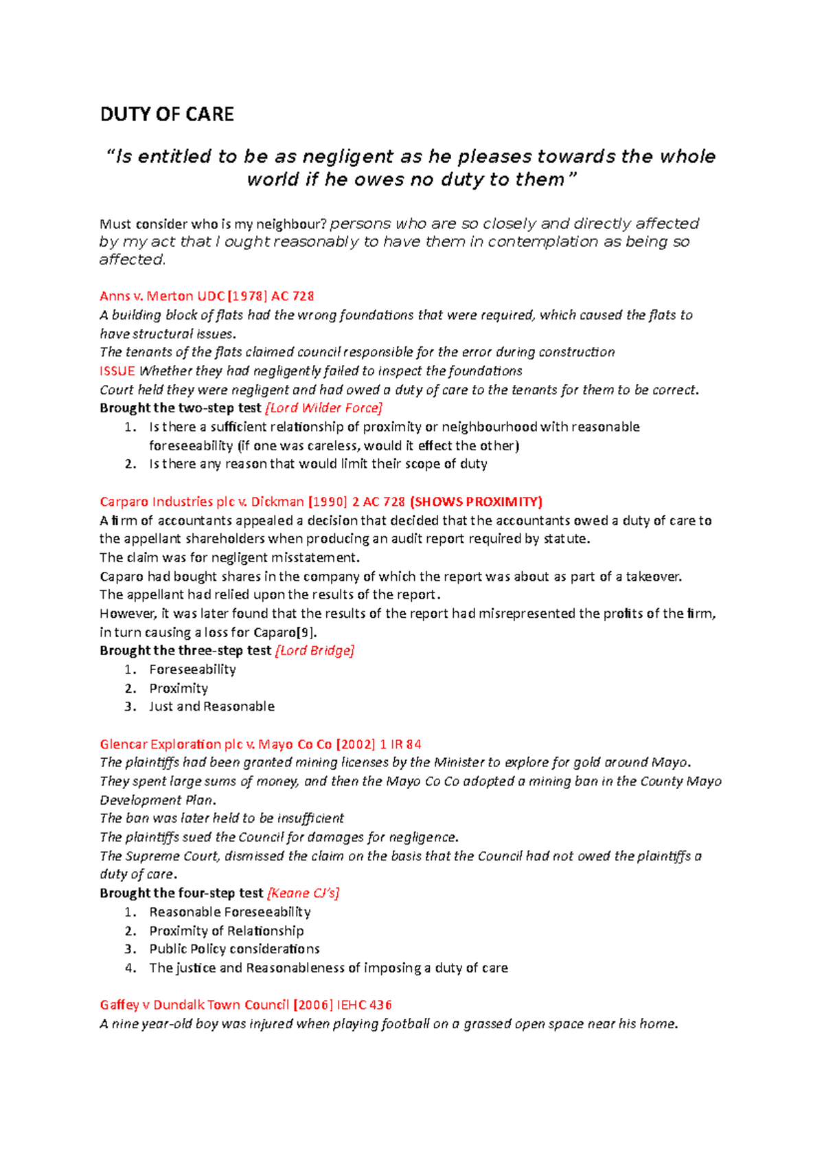 Duty of Care in Tort Law: Key Cases and Principles Overview - Studocu