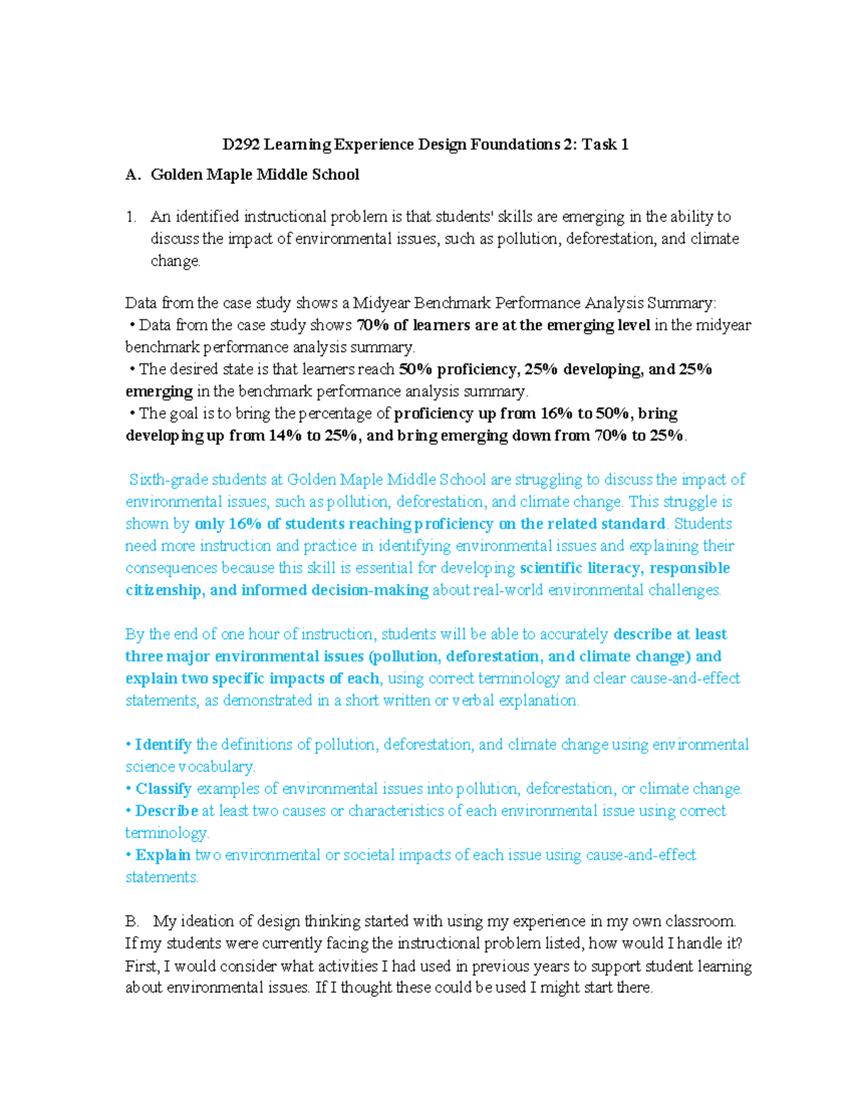 D292 Learning Experience Design Foundations 2: Task 1 - Environmental ...