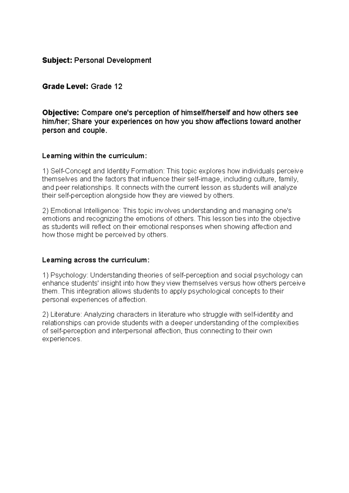 Lesson Plan: Understanding Self-Perception & Affection - PD 12 - Studocu