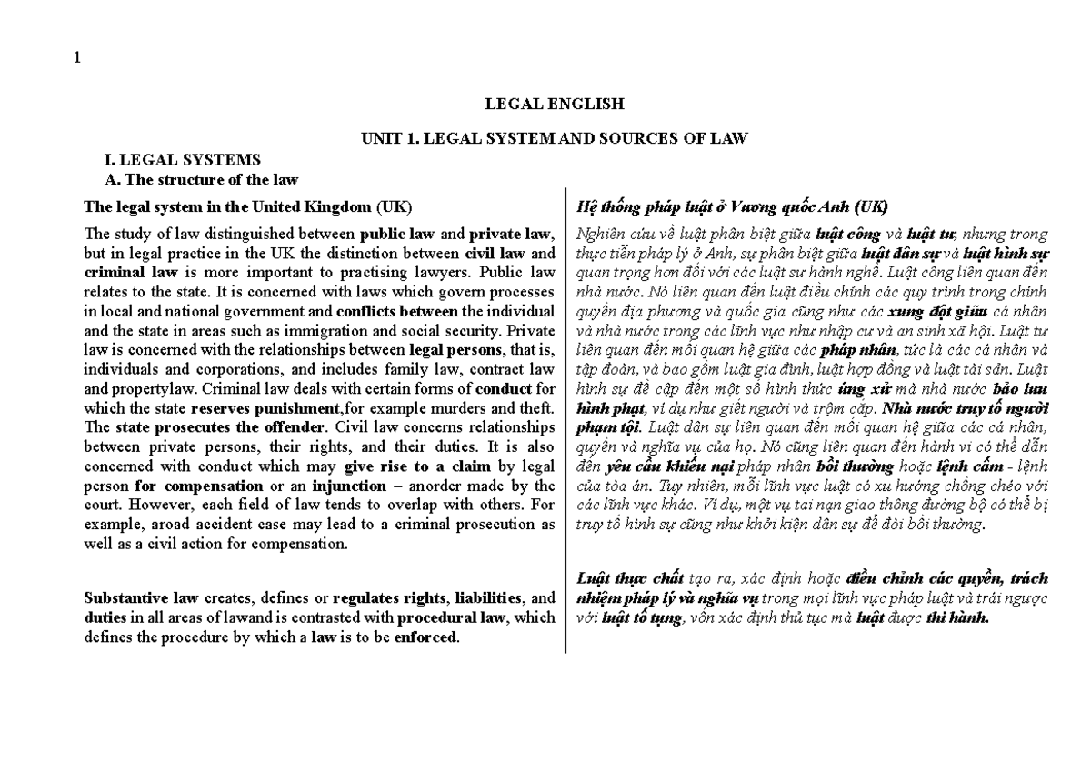 Legal English: Unit 1 - Legal system and sources of law notes - Studocu
