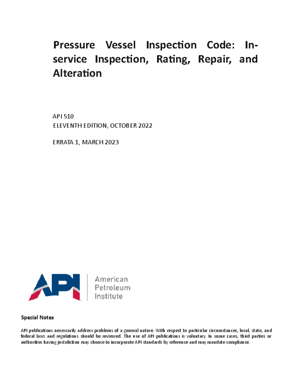 API 510: Pressure Vessel Inspection Code - 11th Edition, Errata 1 - Document Preview