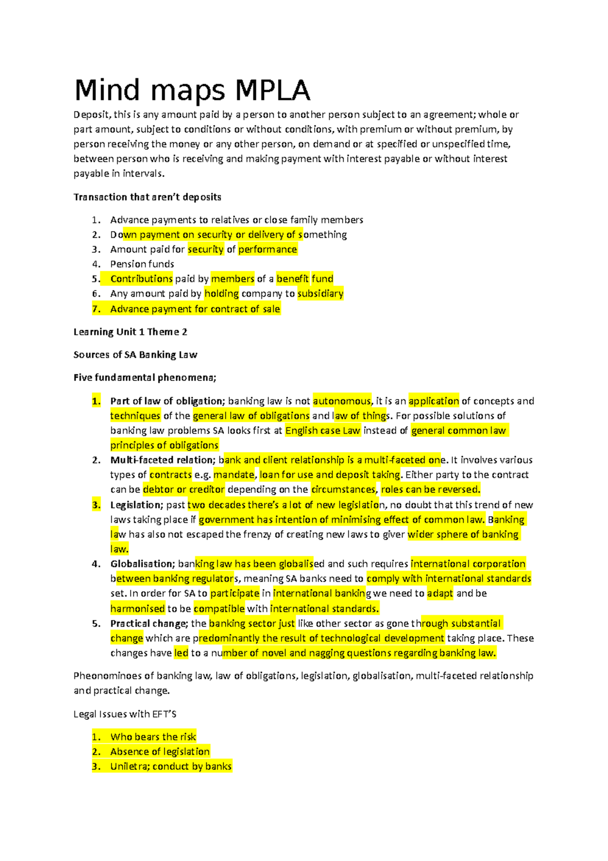 Mind Maps: Methods of Payment and Banking Law (MPLA) - Studocu