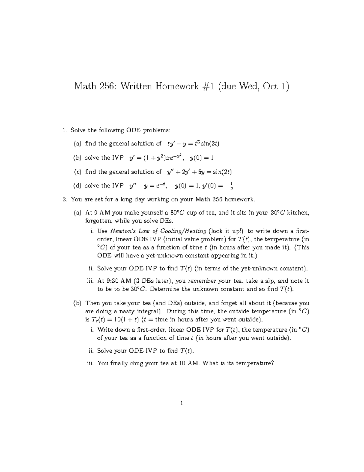 Math 256: Homework 1 Solutions for ODE Problems - Studocu