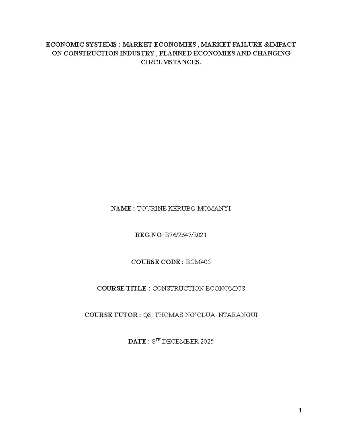 BCM405 Term Paper: Economic Systems in Construction Economics - Studocu