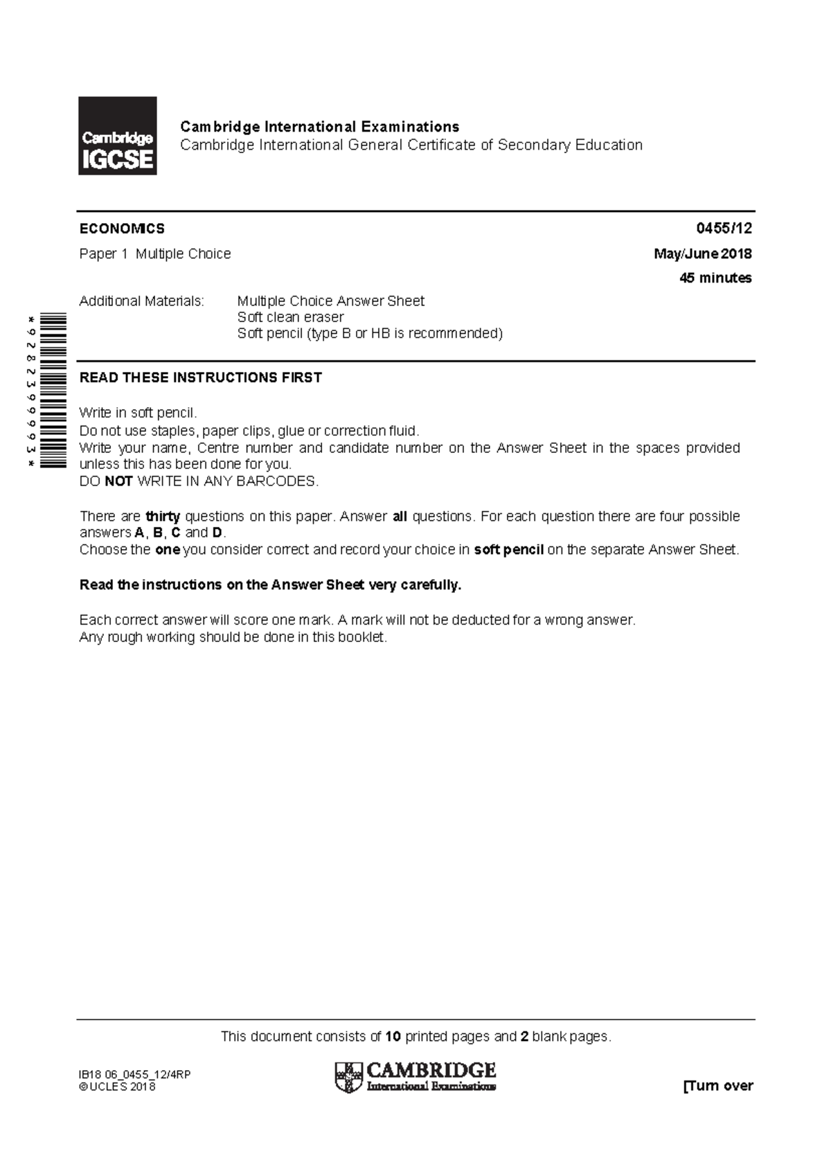 Economics 0455 s18 Paper 1 MCQ Past Exam Questions and Answers ...