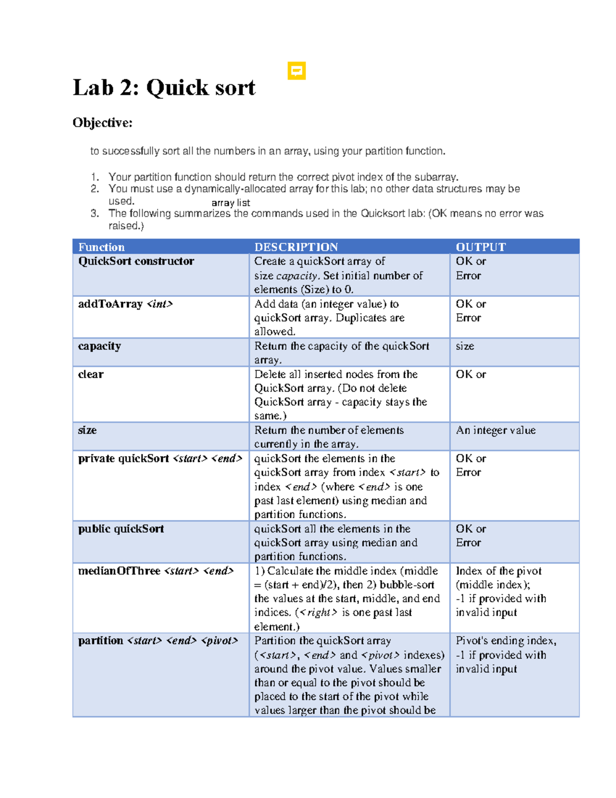Lab2Quicksort - Lab 2: Quick sort Objective: to successfully sort all ...