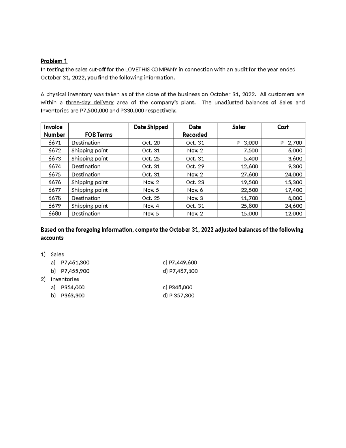 Examining Sales Cut-off and Inventory Balances for LOVETHIS CO - ACCT ...