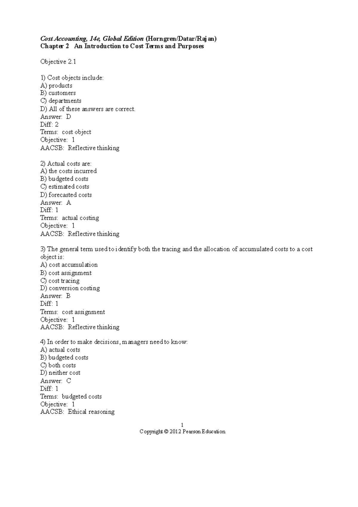 Cost Accounting 14e: Chapter 2 Test Bank on Cost Terms & Purposes - Studocu