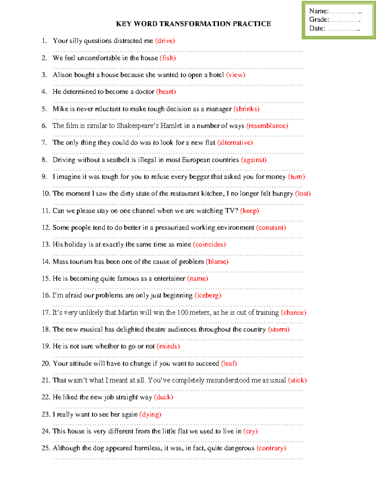 C1 C2 Key Word Transformation Practice - 50 Questions - Studocu