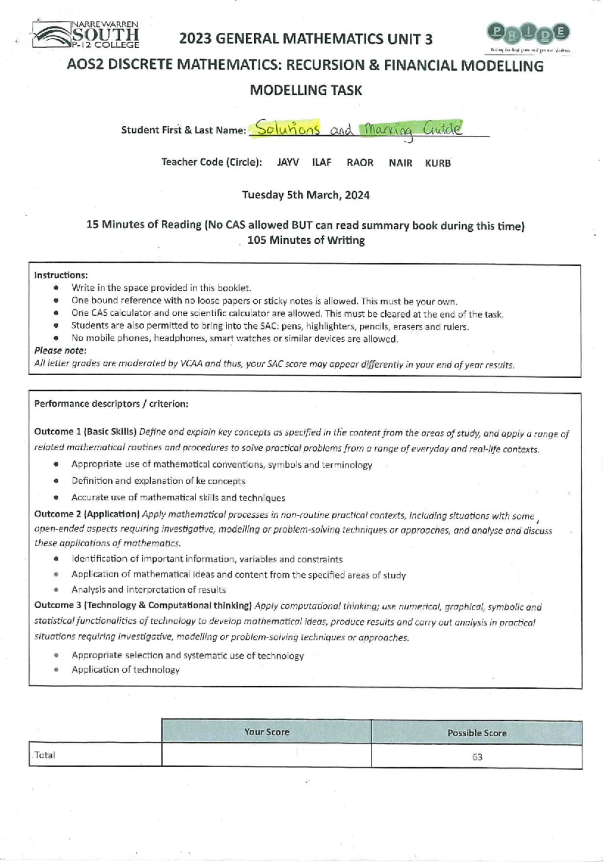 2024 SOLS General Maths Unit 3 2024 SAC - NARRE WARREN SOUTH 2023 ...
