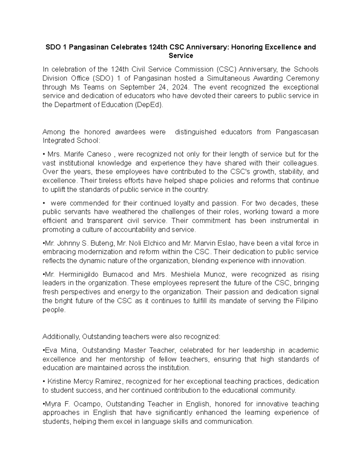 124th-CSC Anniversary Celebration: Honoring Educators' Excellence - Studocu