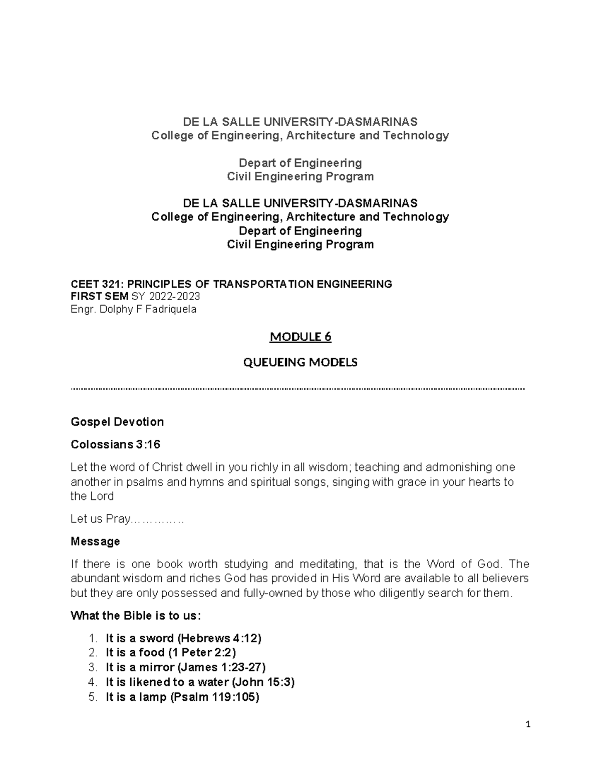 CEET 321: Module 6 - Queueing Models in Transportation Engineering ...