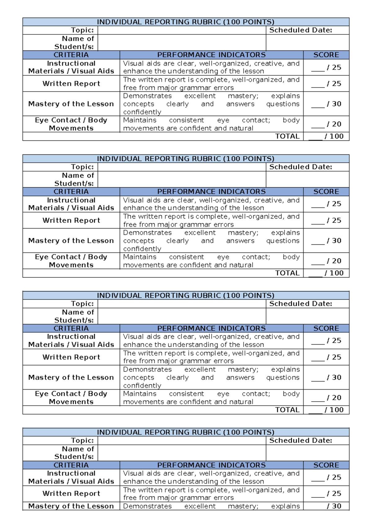 Individual Reporting Rubric (100 Points) for Assessment Criteria - Studocu