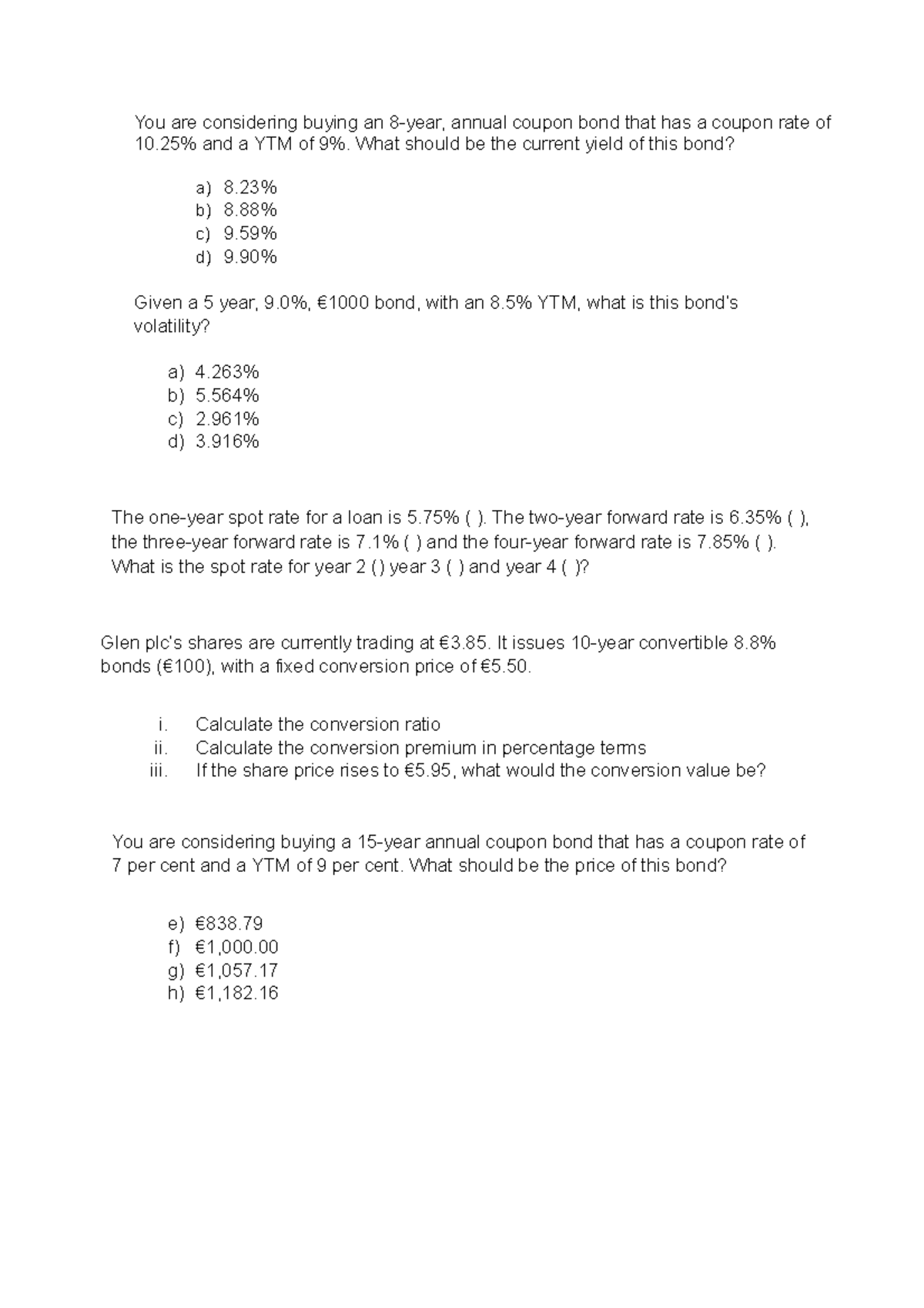 BOND 101: Key Questions on Bond Valuation & Yield Calculations - Studocu
