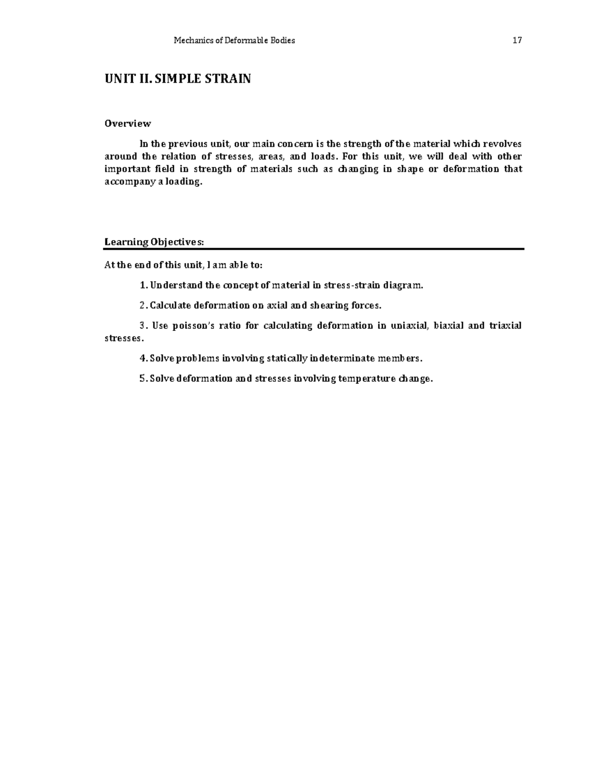 MECH 314 Unit 2 - Mechanics of Deformable Bodies Lecture Notes - Studocu