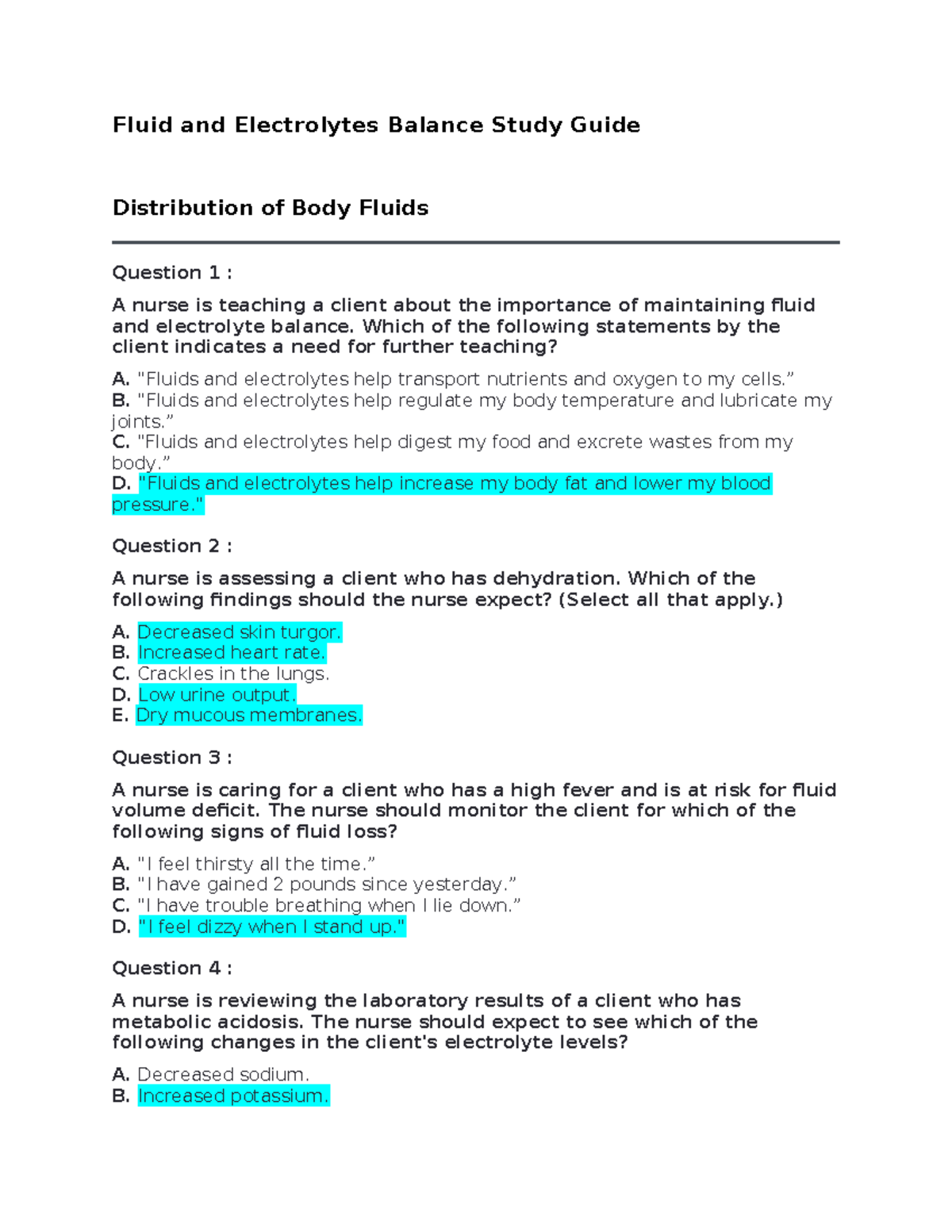 Fluid and Electrolytes Balance Study Guide - Fluid and Electrolytes ...