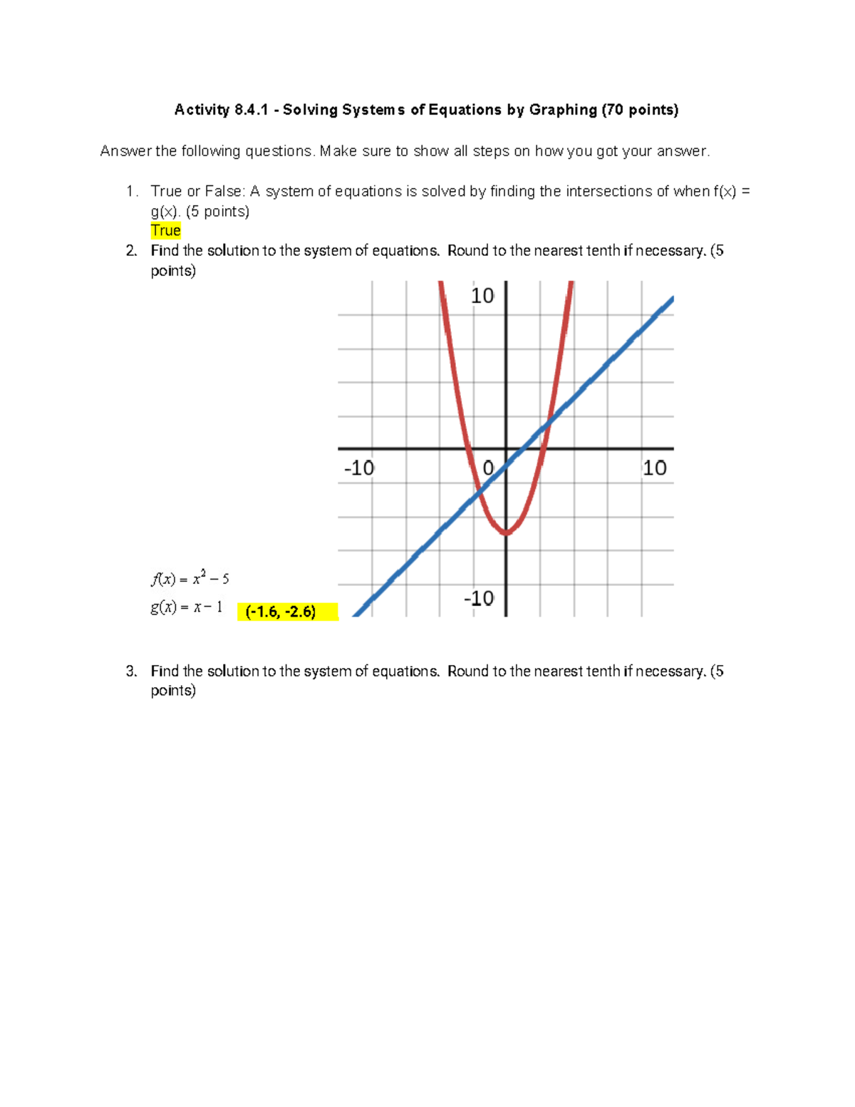 Activity 8.4.1: Solving Systems of Equations by Graphing (70 pts) - Studocu