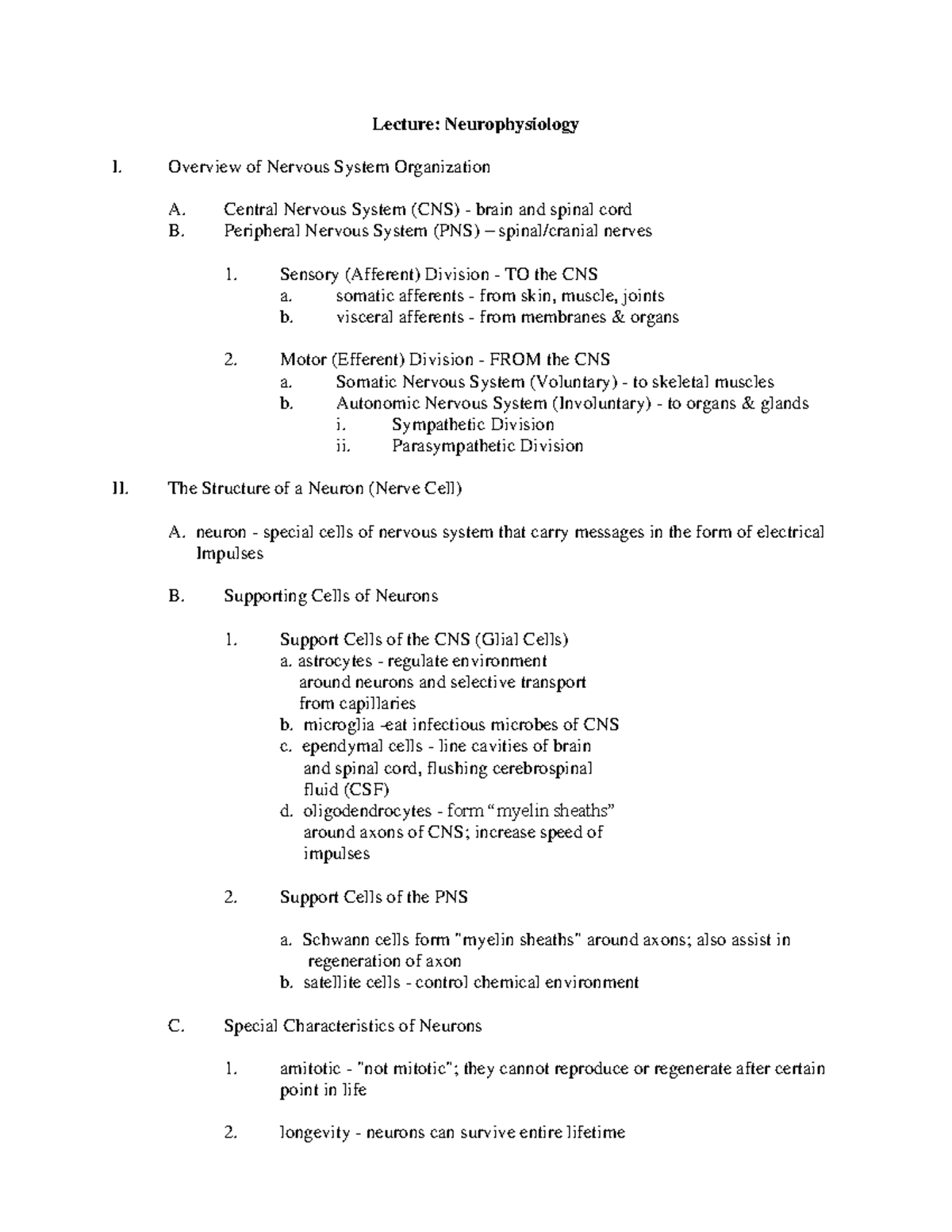 Lecture Notes Neurophysiology Cns Pns Neuron Structure Function Lecture Notes Neurophysiology Cns Pns Neuron Structure Function