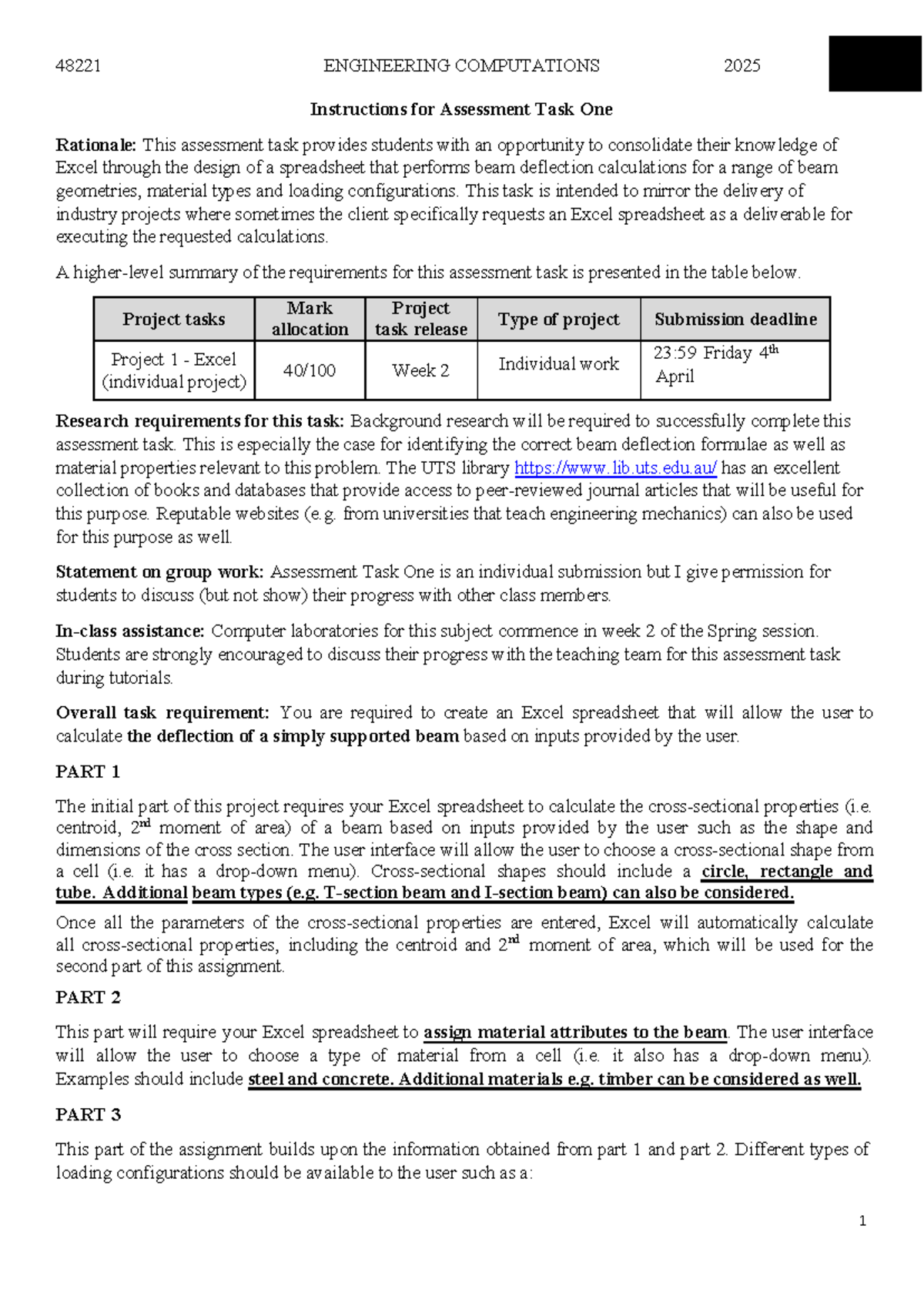 48221 Engineering Computations 2025: Assessment Task One Guide - Studocu