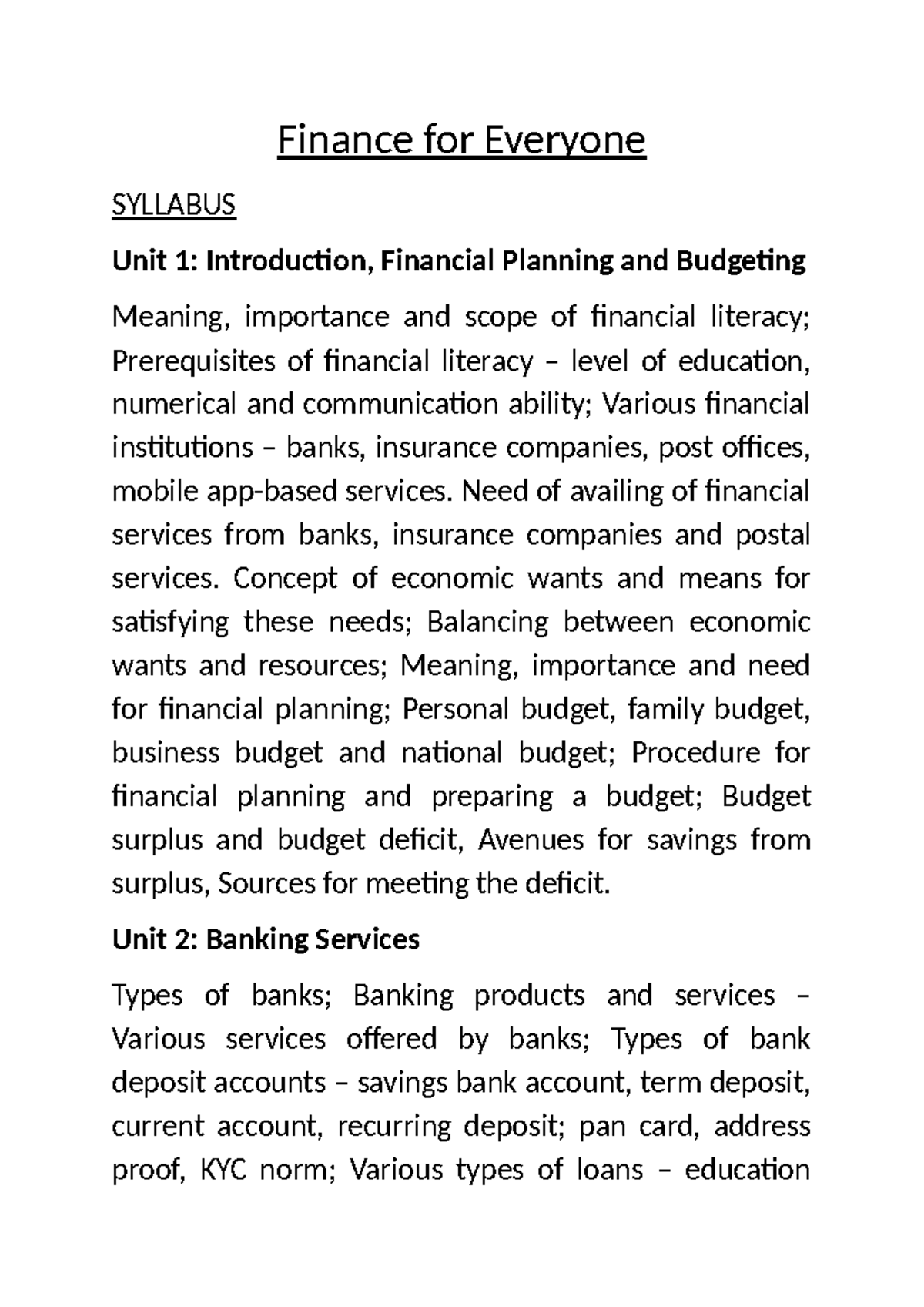 Finance for Everyone Syllabus: Introduction to Financial Planning and ...