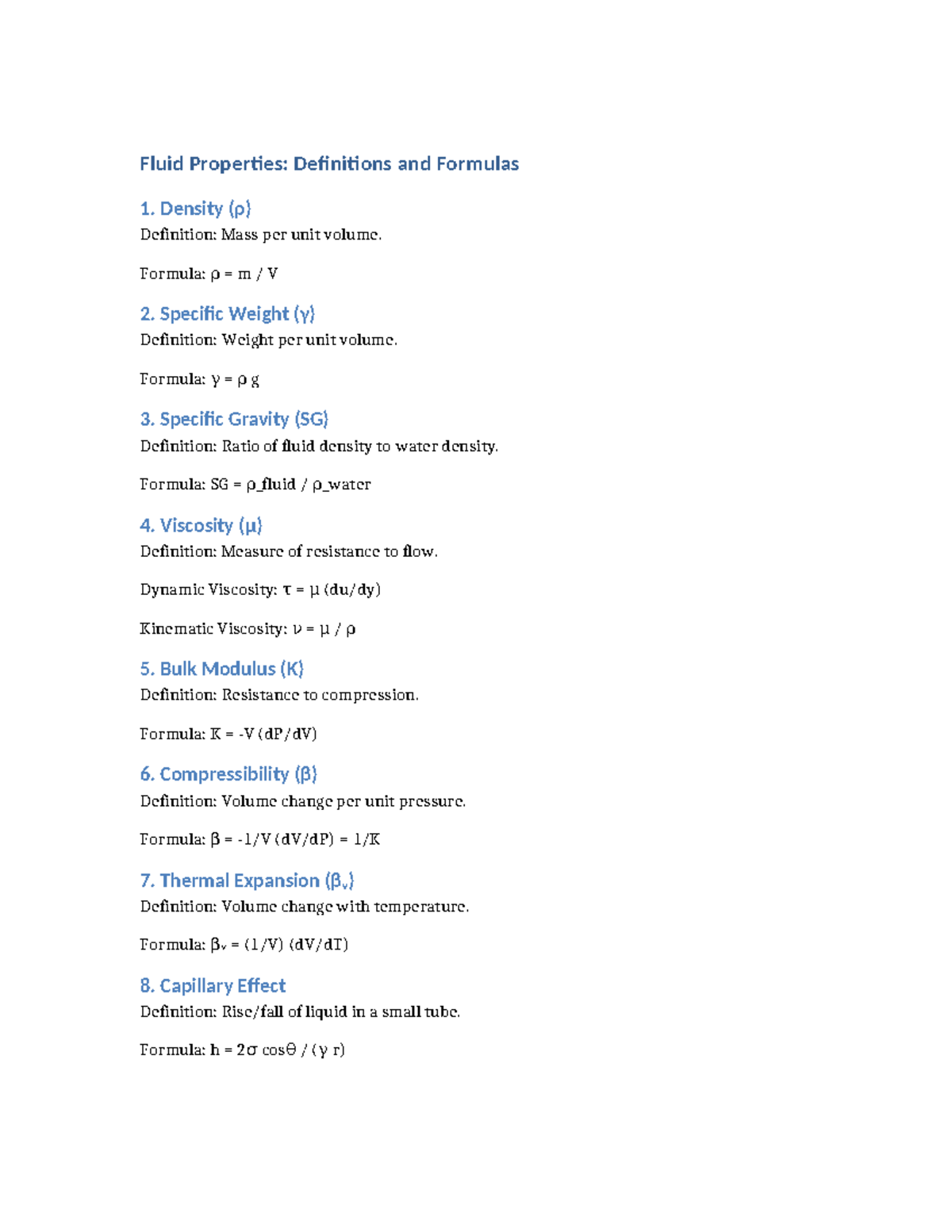 Fluid Properties: Definitions & Formulas for Density, Viscosity, & More ...
