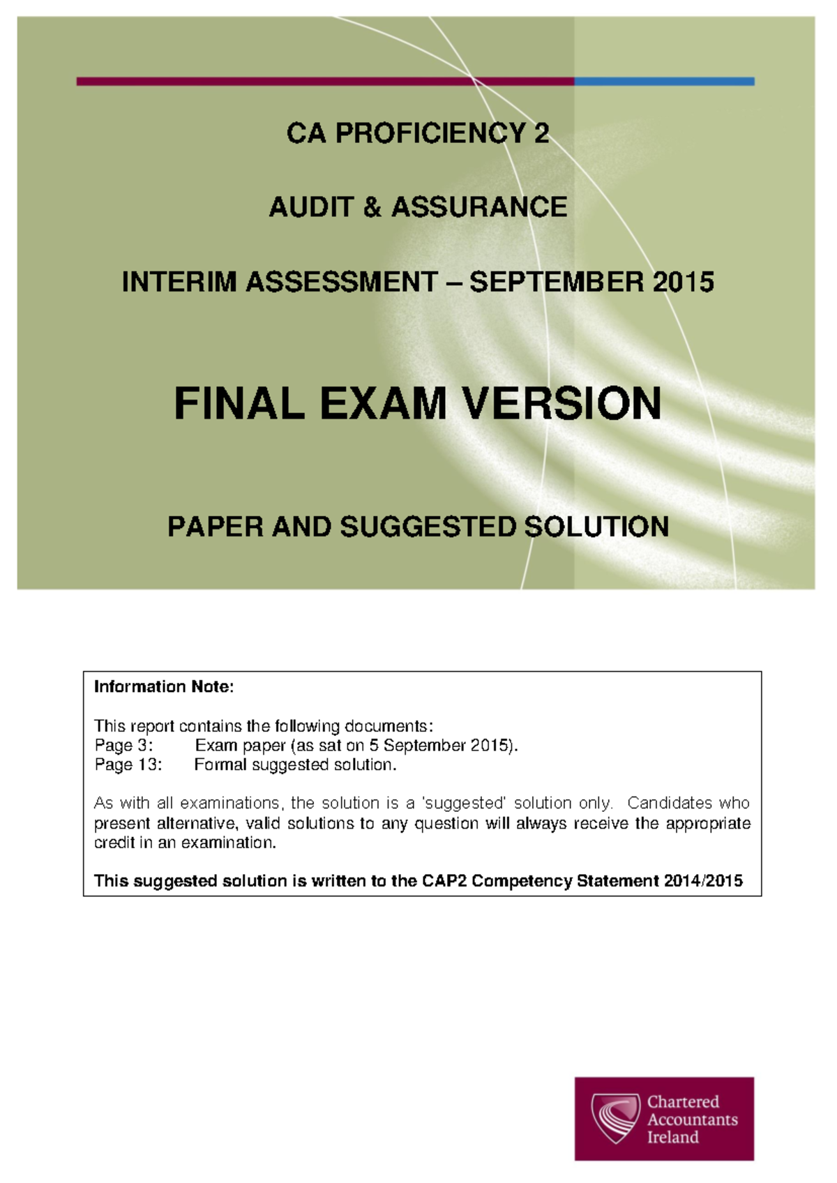 CAP2 AA Audit Assurance Final Exam Solution - September 2015 - Studocu