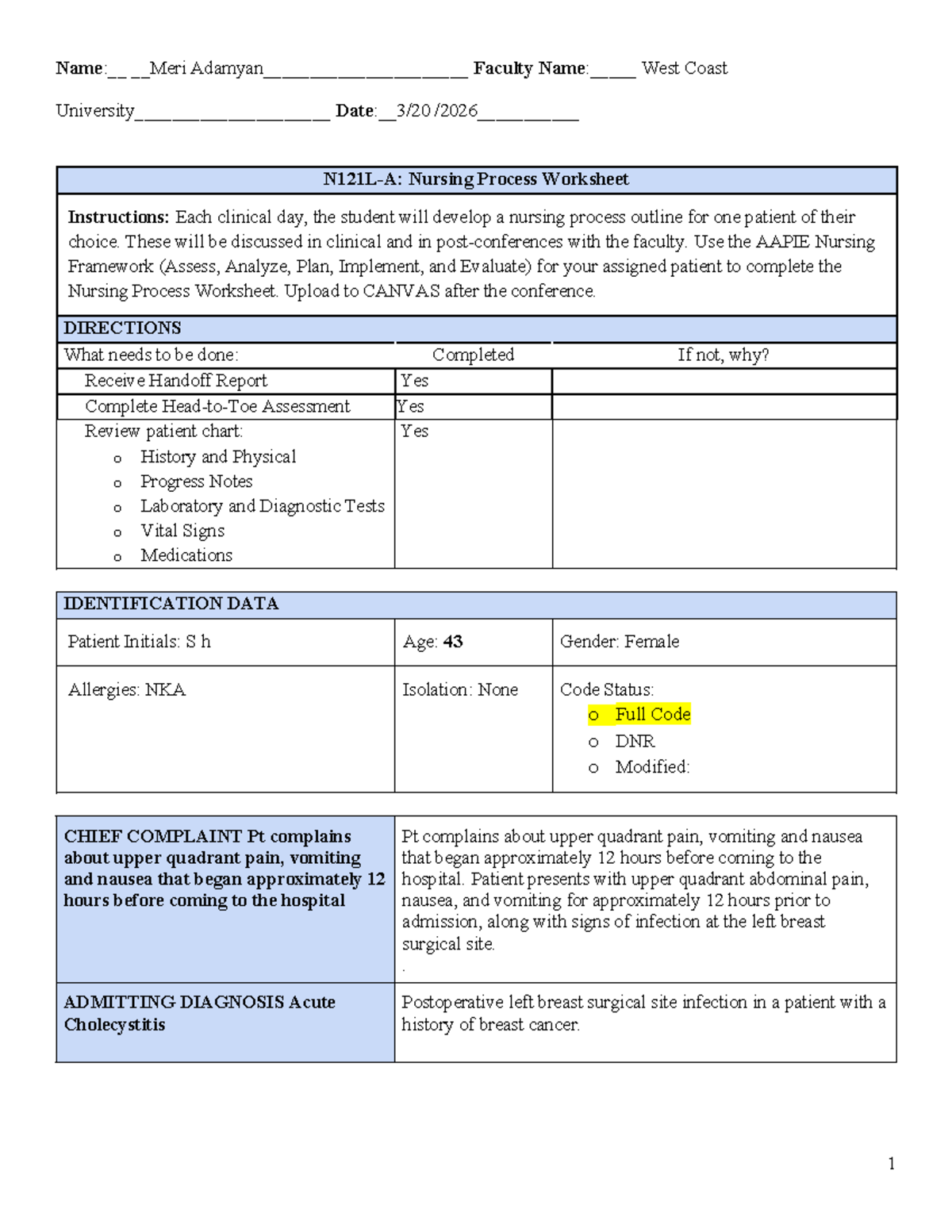 N121L-A Nursing Process Worksheet: Patient Case Study on Acute ...