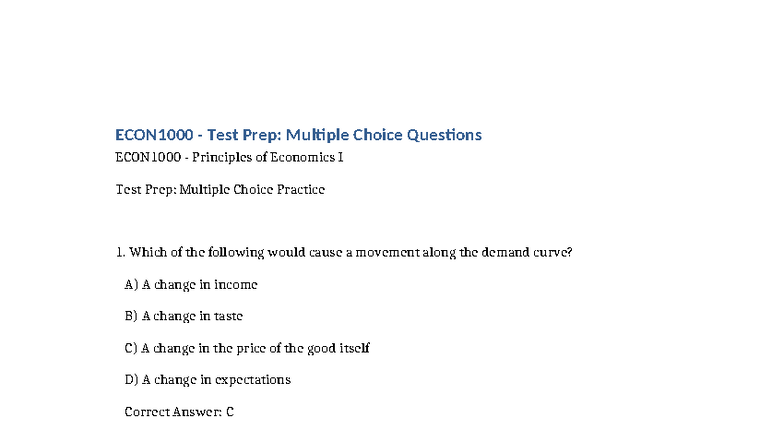 ECON1000 - Test Prep Multiple Choice Questions - Which of the following ...