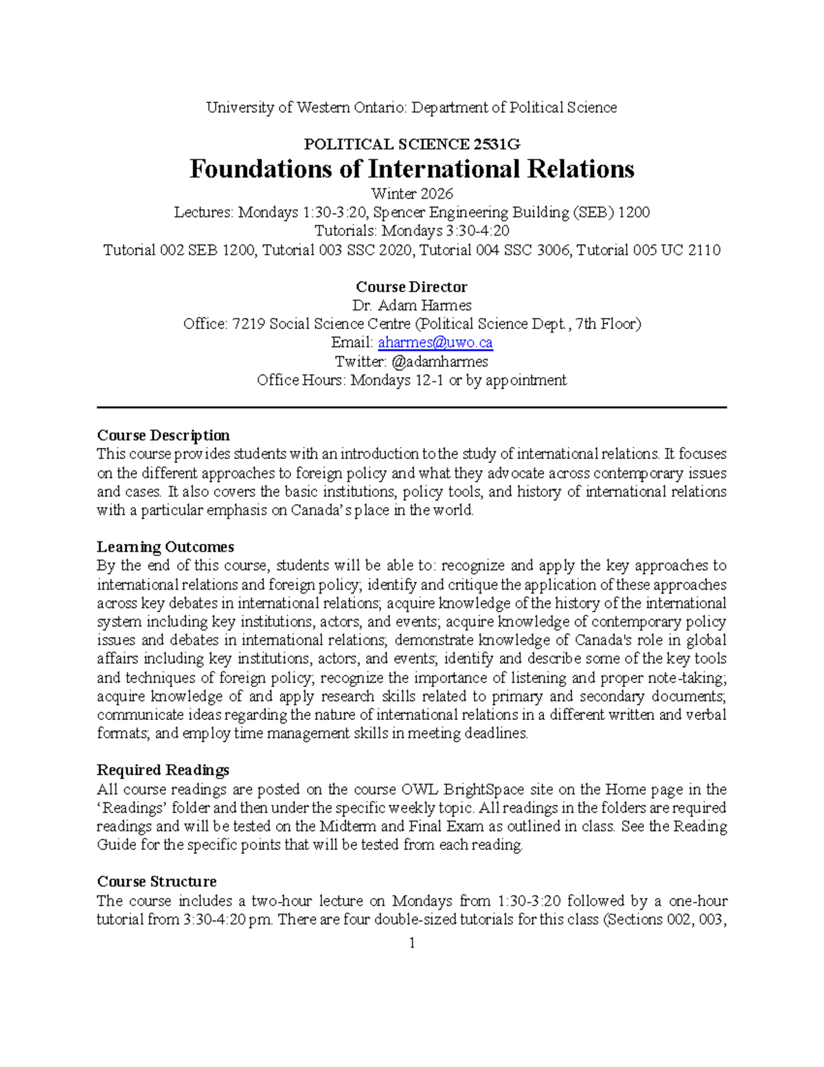 Political Science 2531G: Foundations of International Relations Winter ...