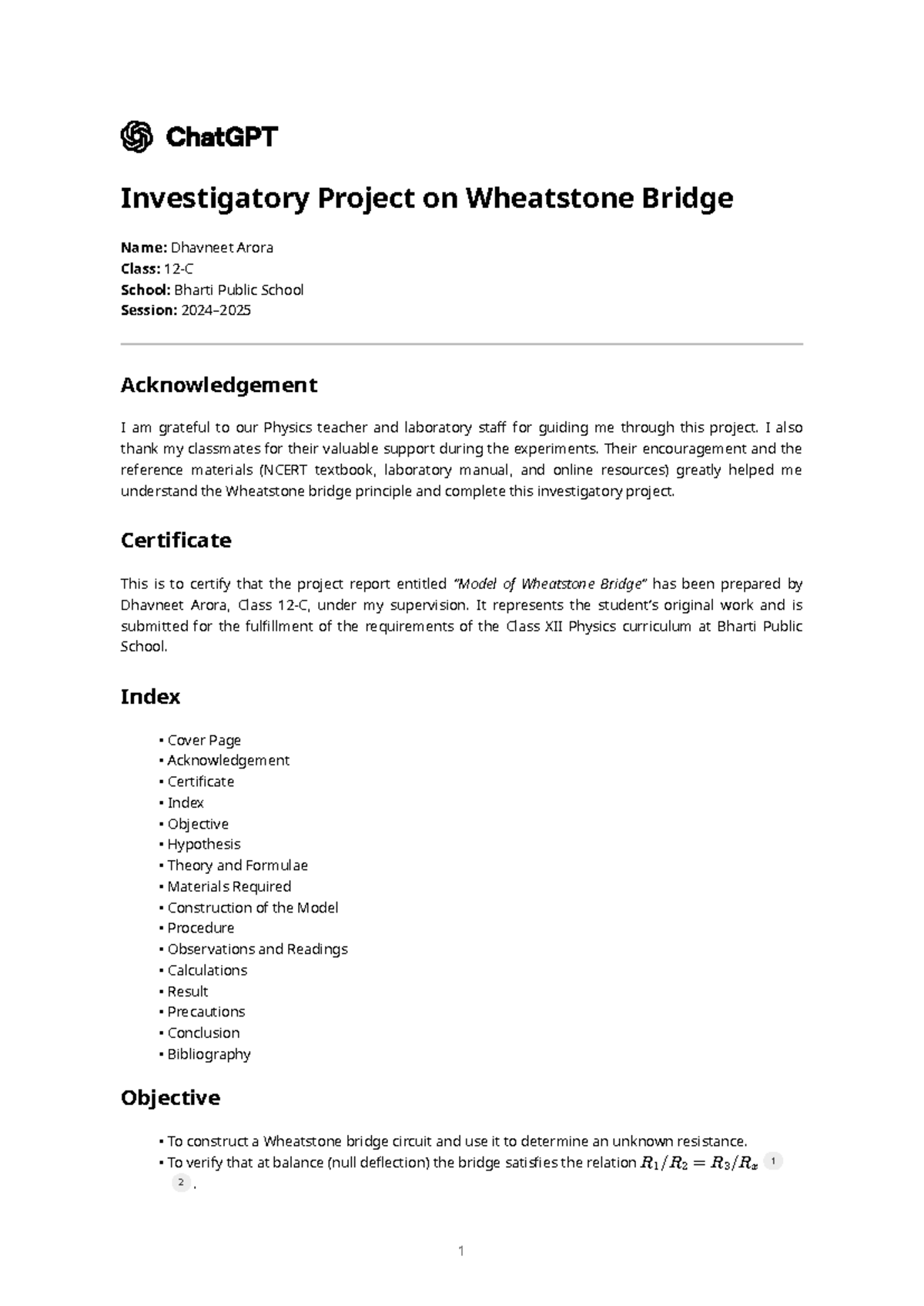 Investigatory Project on Wheatstone Bridge - Class XII Physics - Studocu