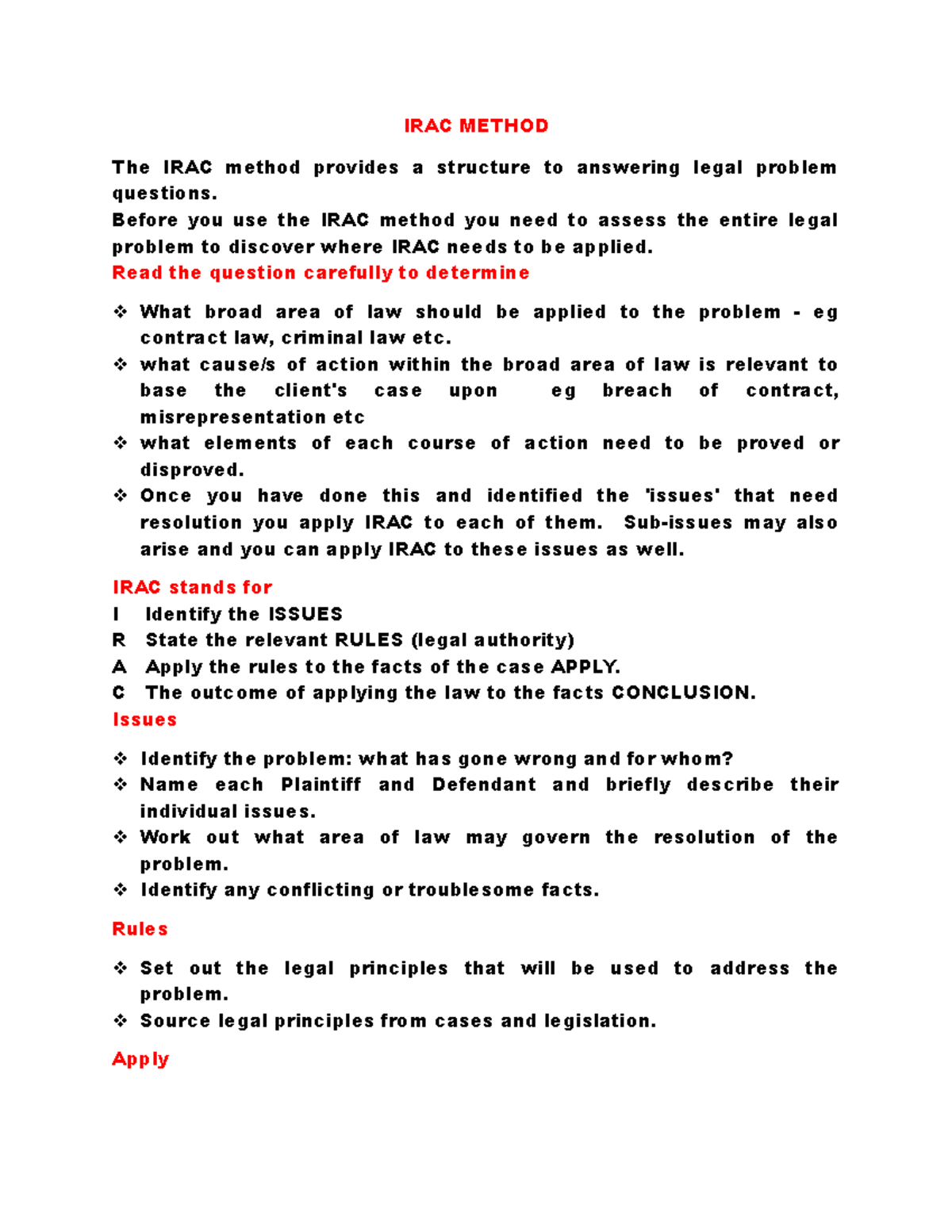IRAC Method for Legal Problem Solving: Key Steps and Guidelines - Studocu
