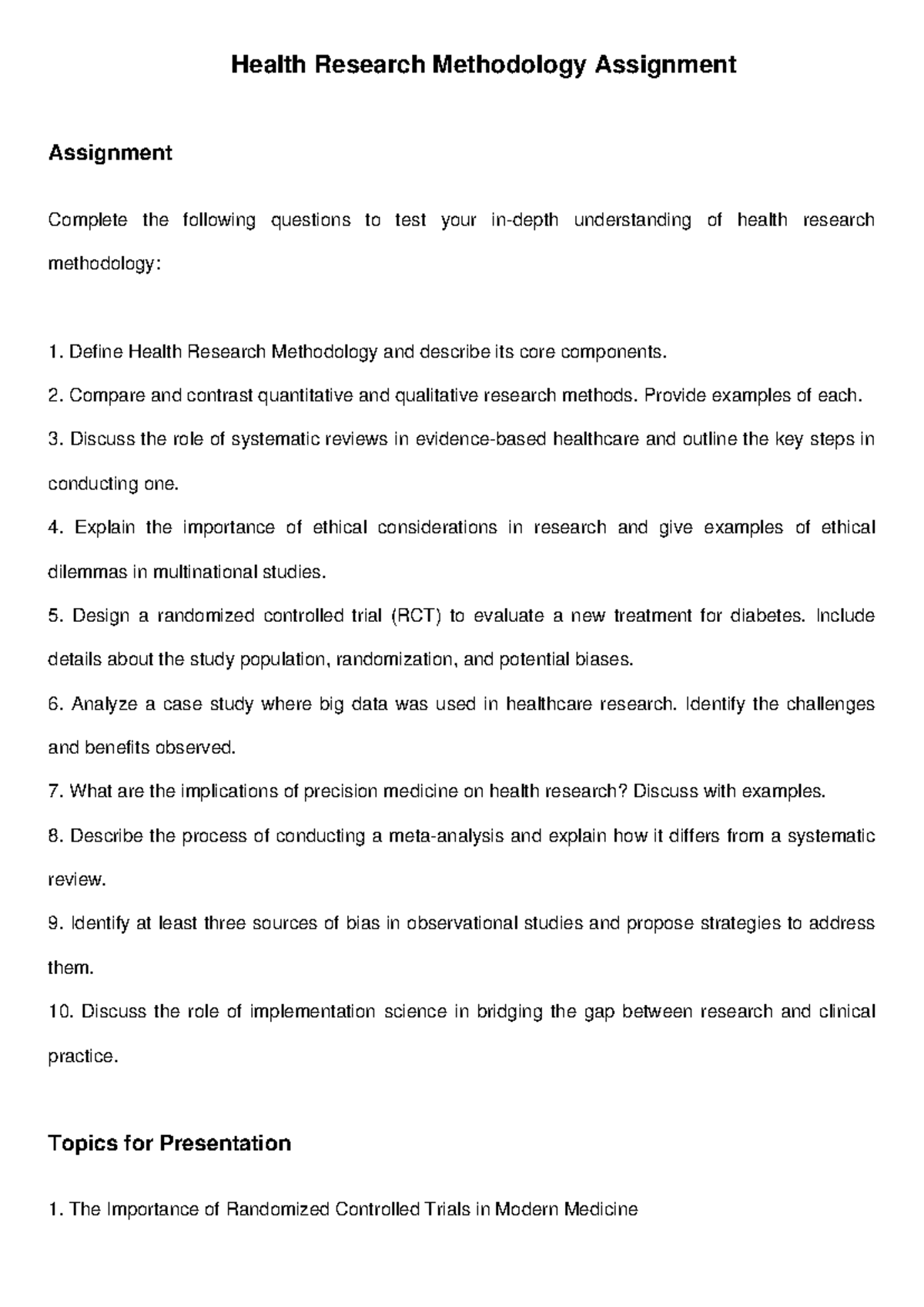 Health Research Methodology Assignment: Key Concepts & Presentation ...