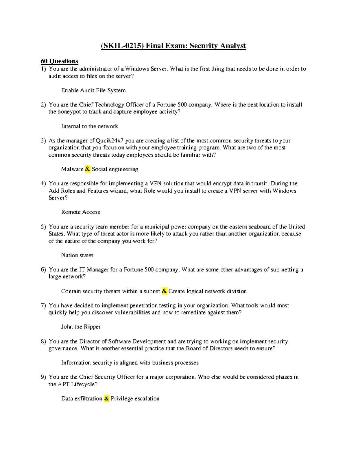 Skillsoft (SKIL-0215) Security Analyst Final Exam Questions & Answers ...