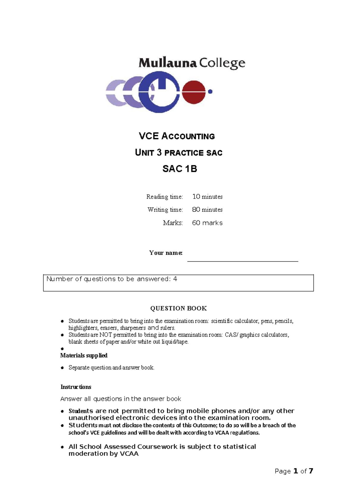 SAC 1B VCE Accounting Unit 3 Practice Exam Question Booklet - Studocu