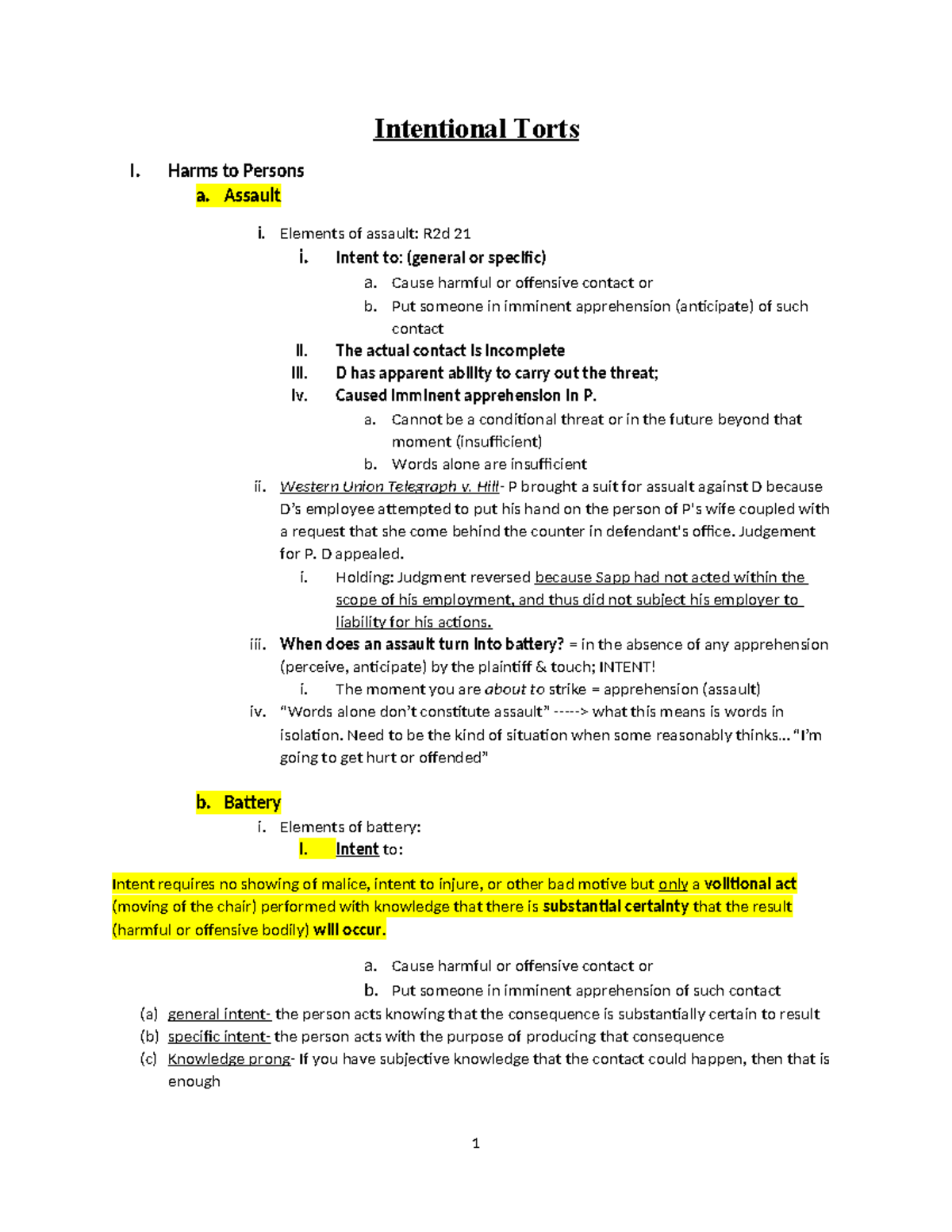 Khan Torts I Fall 2023: Intentional Torts Overview and Key Cases - Studocu