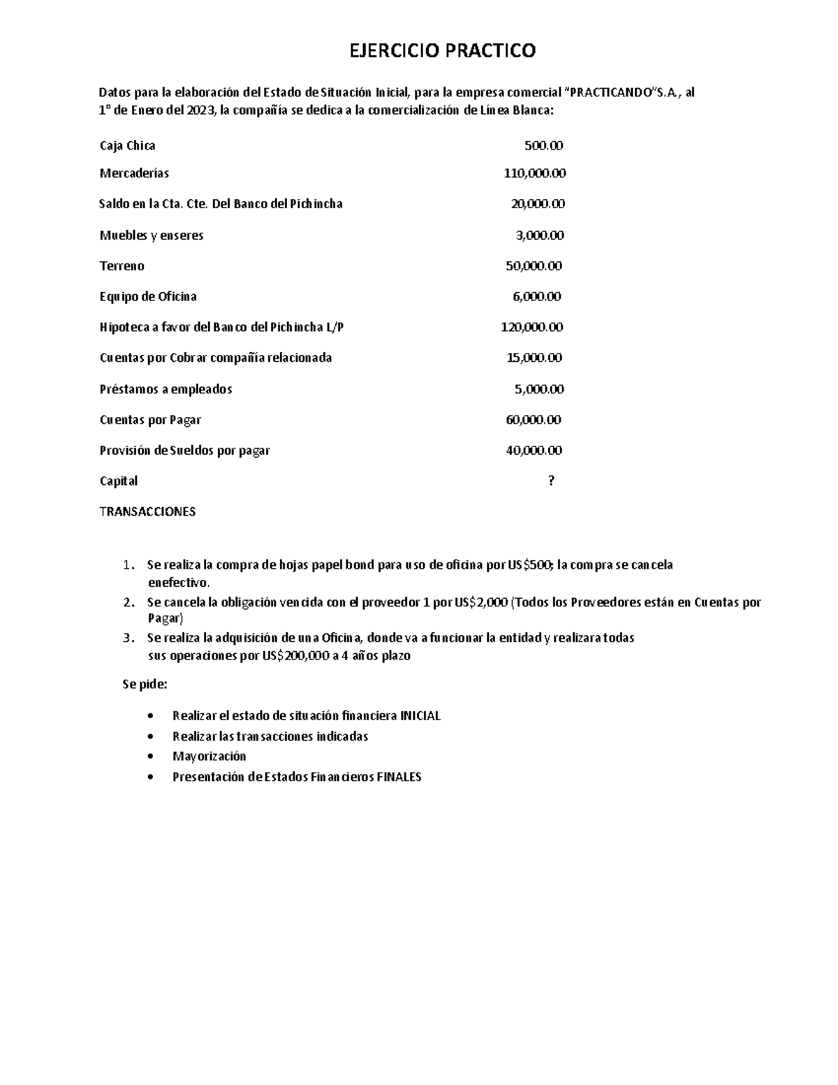 Ejercicio Práctico 14: Estado de Situación Inicial y Transacciones ...