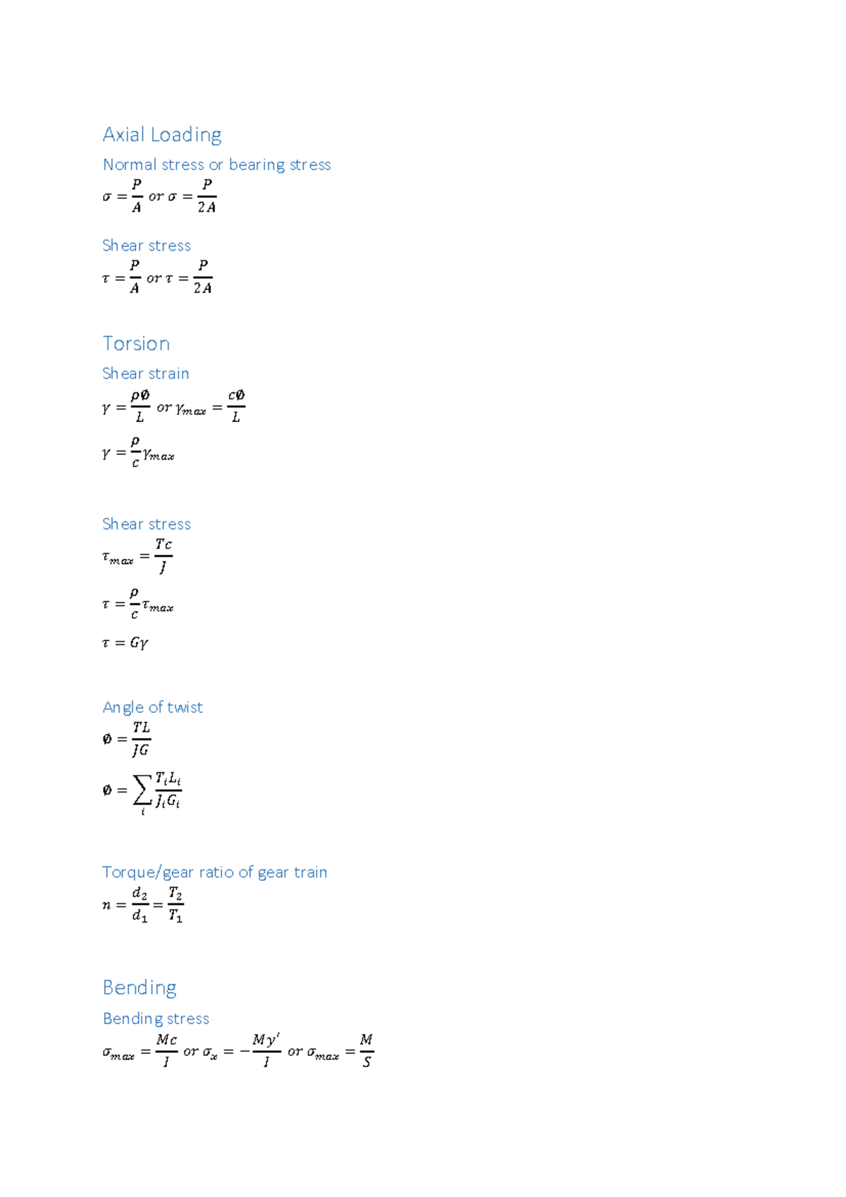 Formula List for Axial Loading, Torsion & Bending (ENGR 101) - Studocu