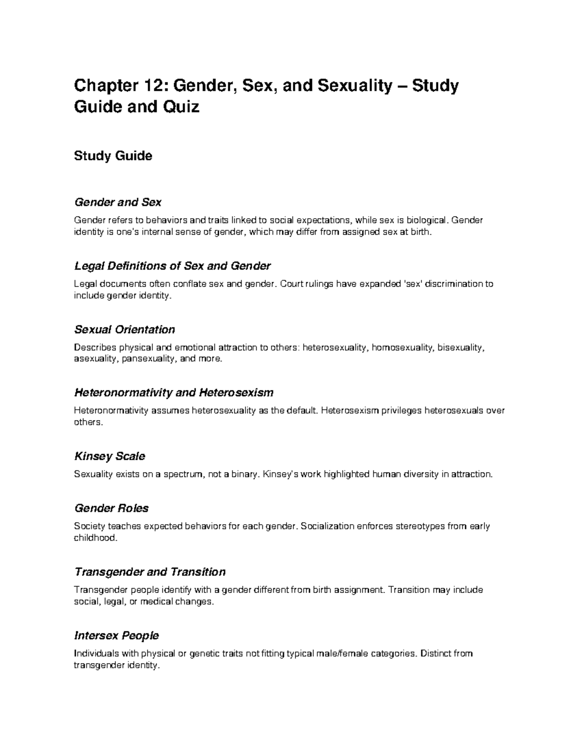 Chapter 12: Gender, Sex, and Sexuality - Study Guide & Quiz - Studocu